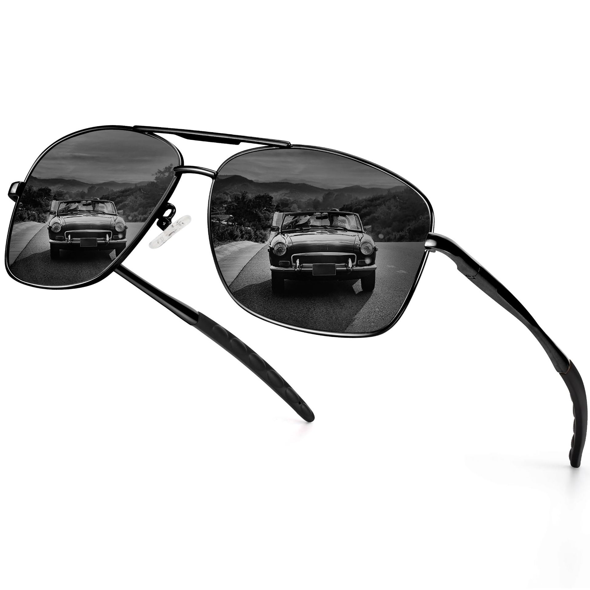 Polarised Pilot Sunglasses UV400 Protection Metal Frame Unisex Vintage Style Driving Glasses - Black Frame/Grey Lens L