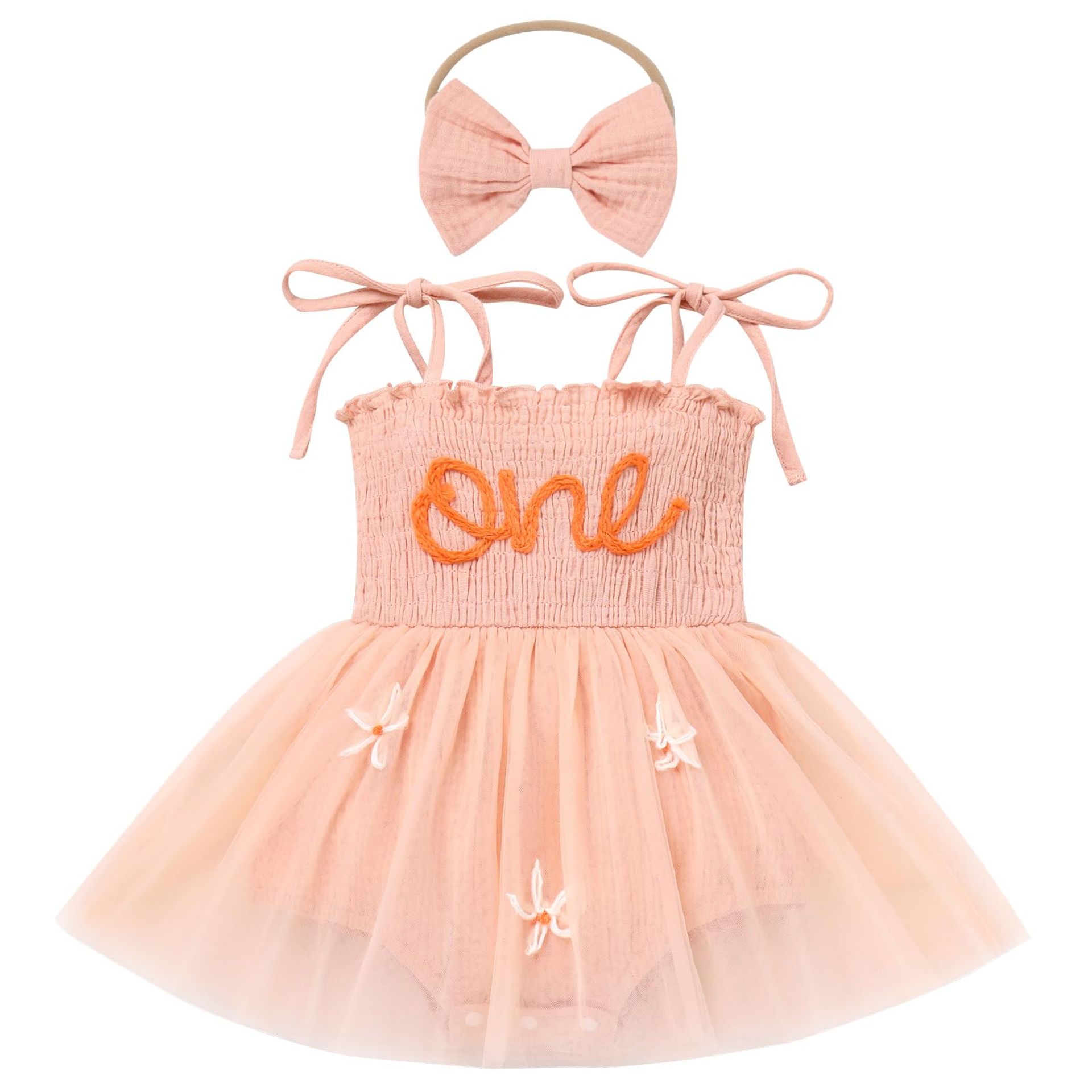 Baby Girls Tutu Dress with Headband Layered Tulle Romper Outfit for 1st Birthday Party Photoshoot - Orange-Flower 6-12 Months