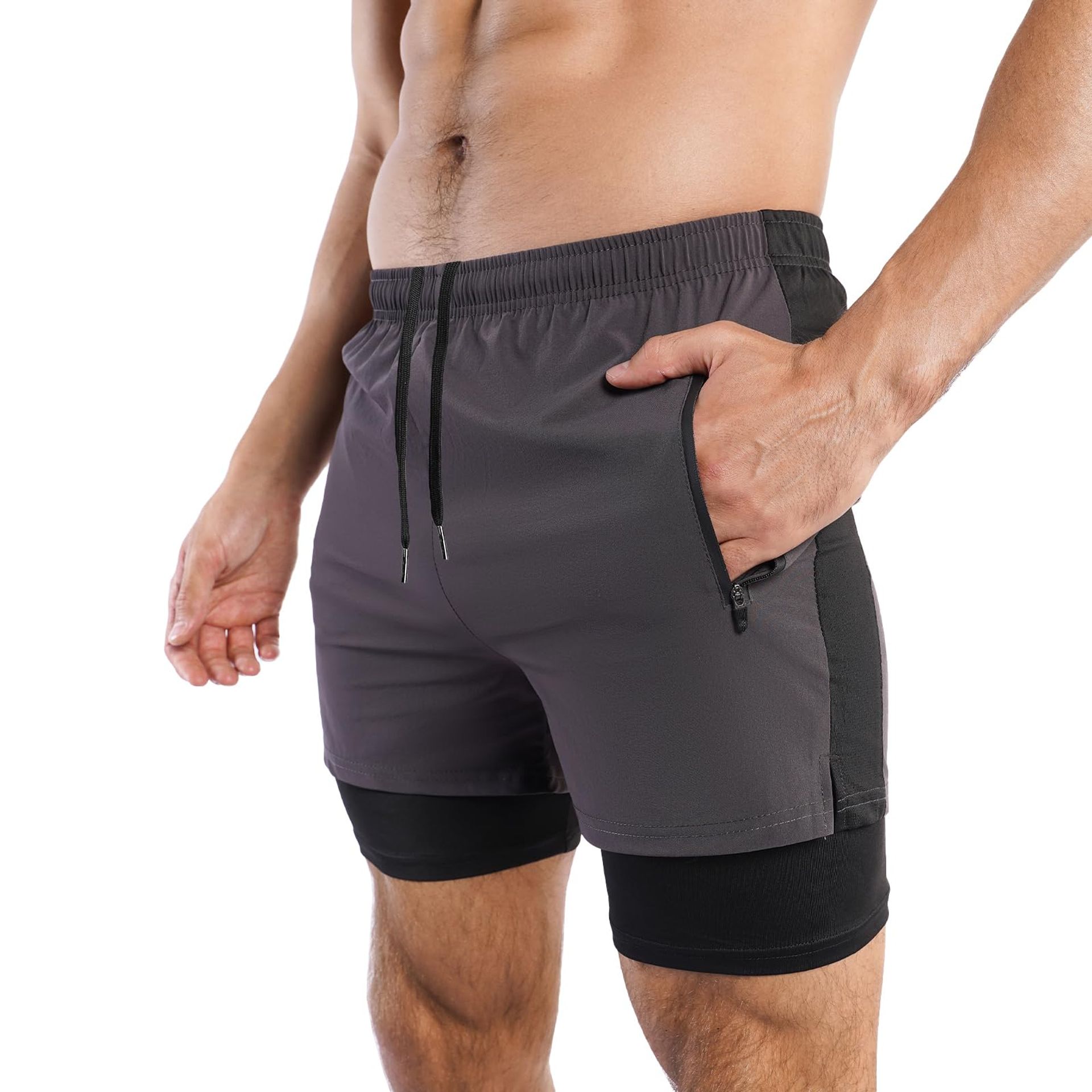 Donason Men's Running Gym Shorts Quick Dry Breathable 2 in 1 Workout Training Shorts Mens Outdoor Sports Short with Zip Pockets and Elastic Waistband Dark Grey