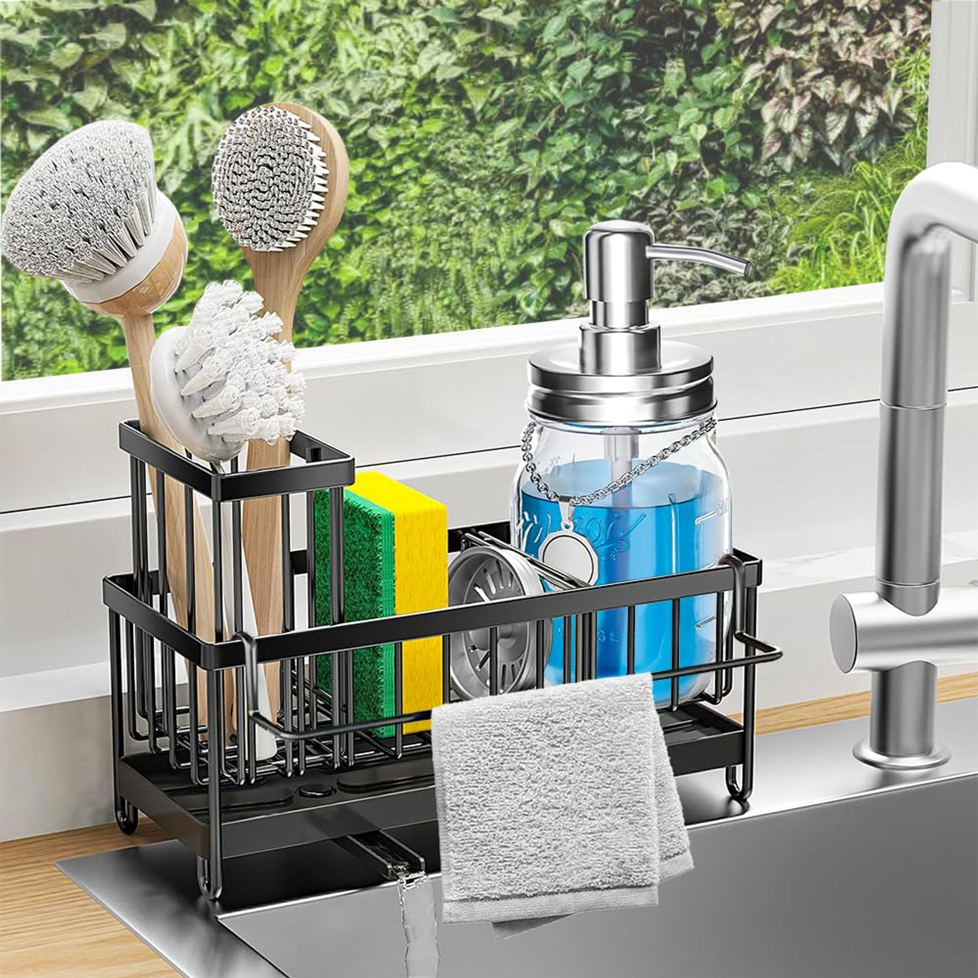 304 Stainless Steel Kitchen Sink Caddy Sponge Holder with Drain Tray & Diversion