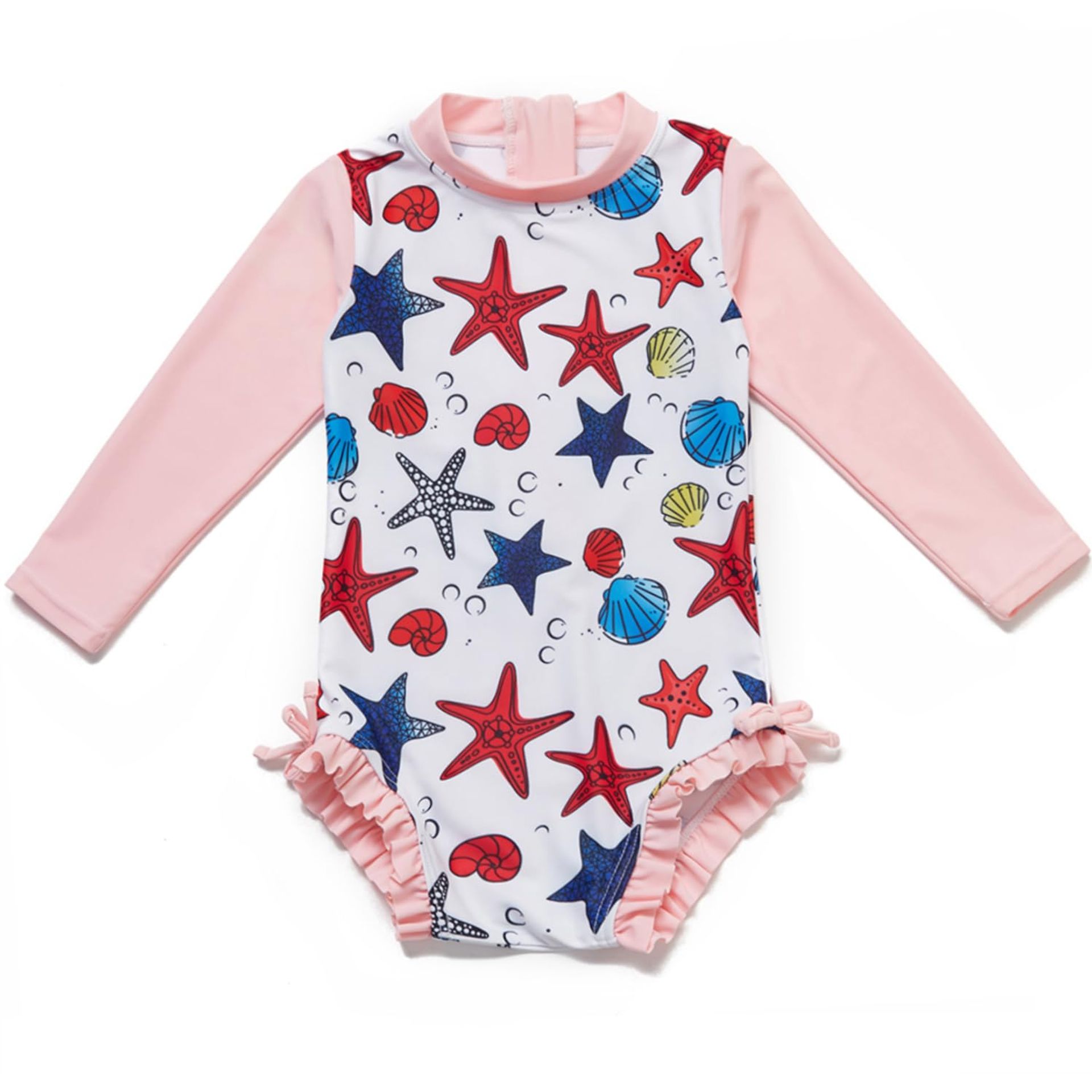 Baby Girls One Piece Swimsuit with UPF 50+ Sun Protection & Long Sleeves - Eco-Friendly Recycled Fabric - Pink Starfish 18-24M