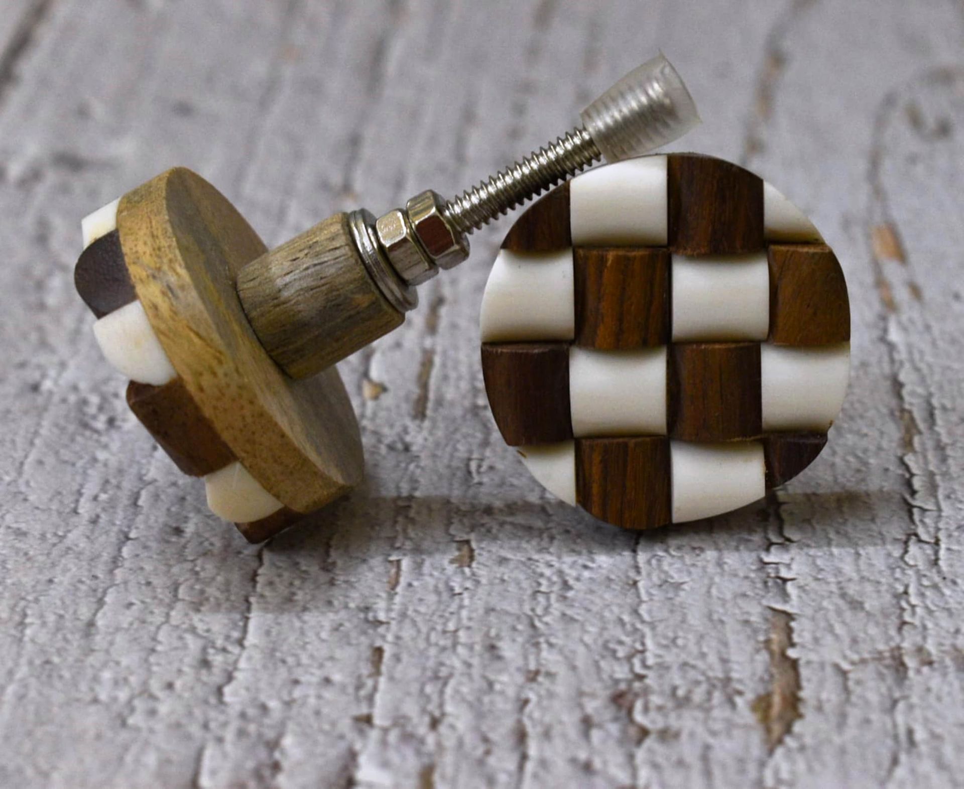 Handmade Round Wooden & Resin Cabinet Drawer Knobs Set of 6 Modern Design - White & Brown Round Wood