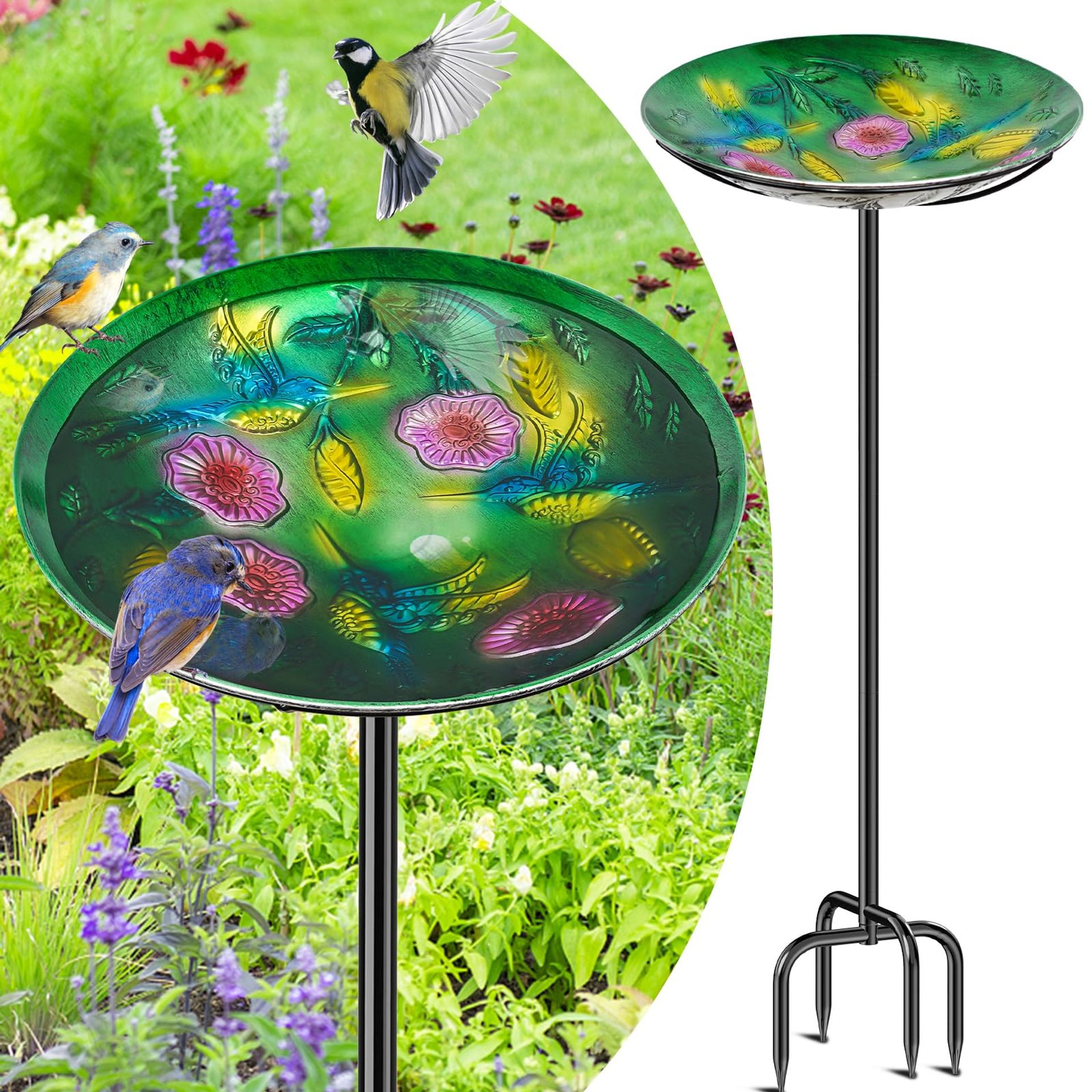 Metal Bird Bath & Feeder for Garden Outdoor Freestanding Vintage Design - Peacock Green