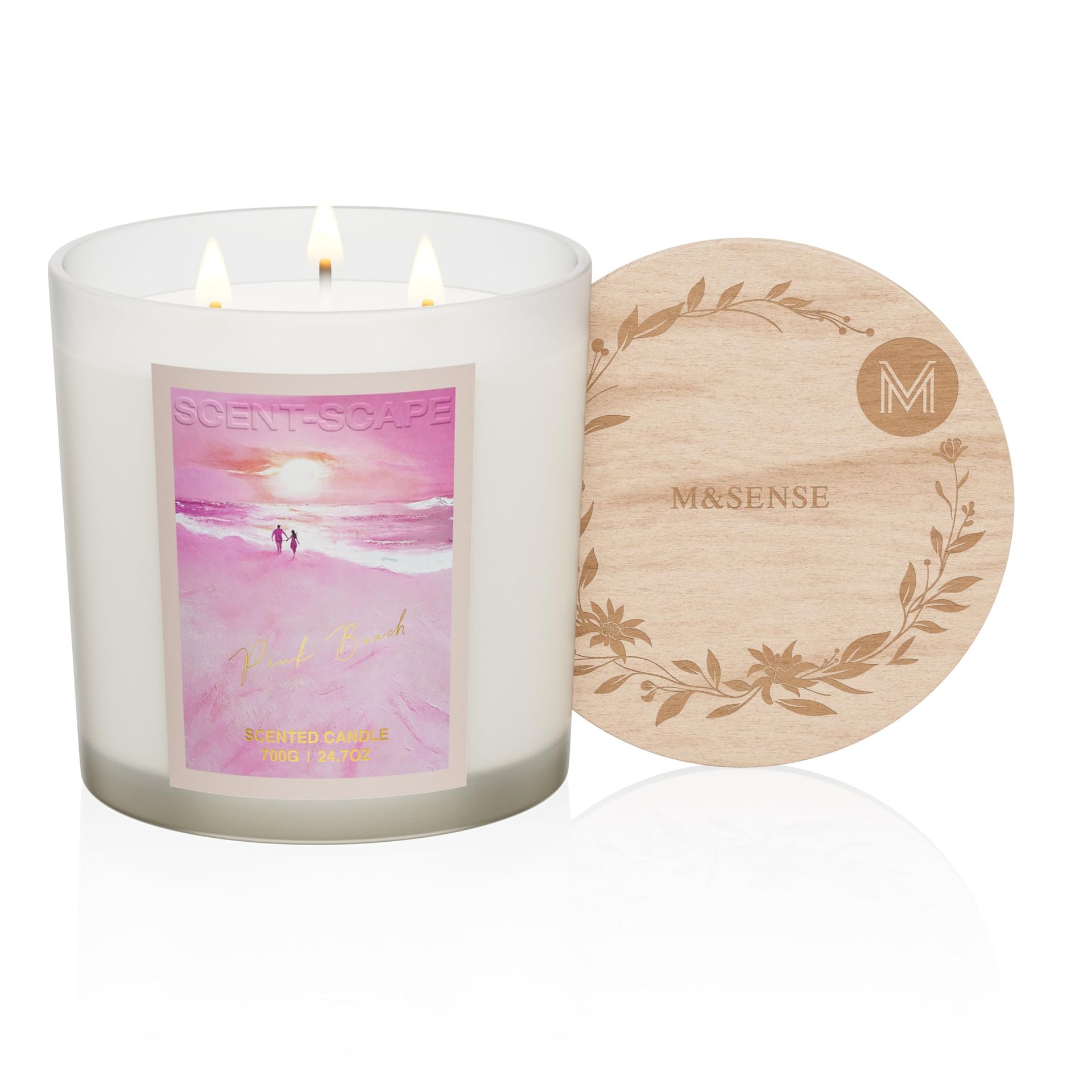 Large 3 Wick Scented Candle 700g Soy Wax with Wooden Lid 120 Hour Burn Gift Jar - Pink Beach - Valentines - Valentines - Spring Refresh
