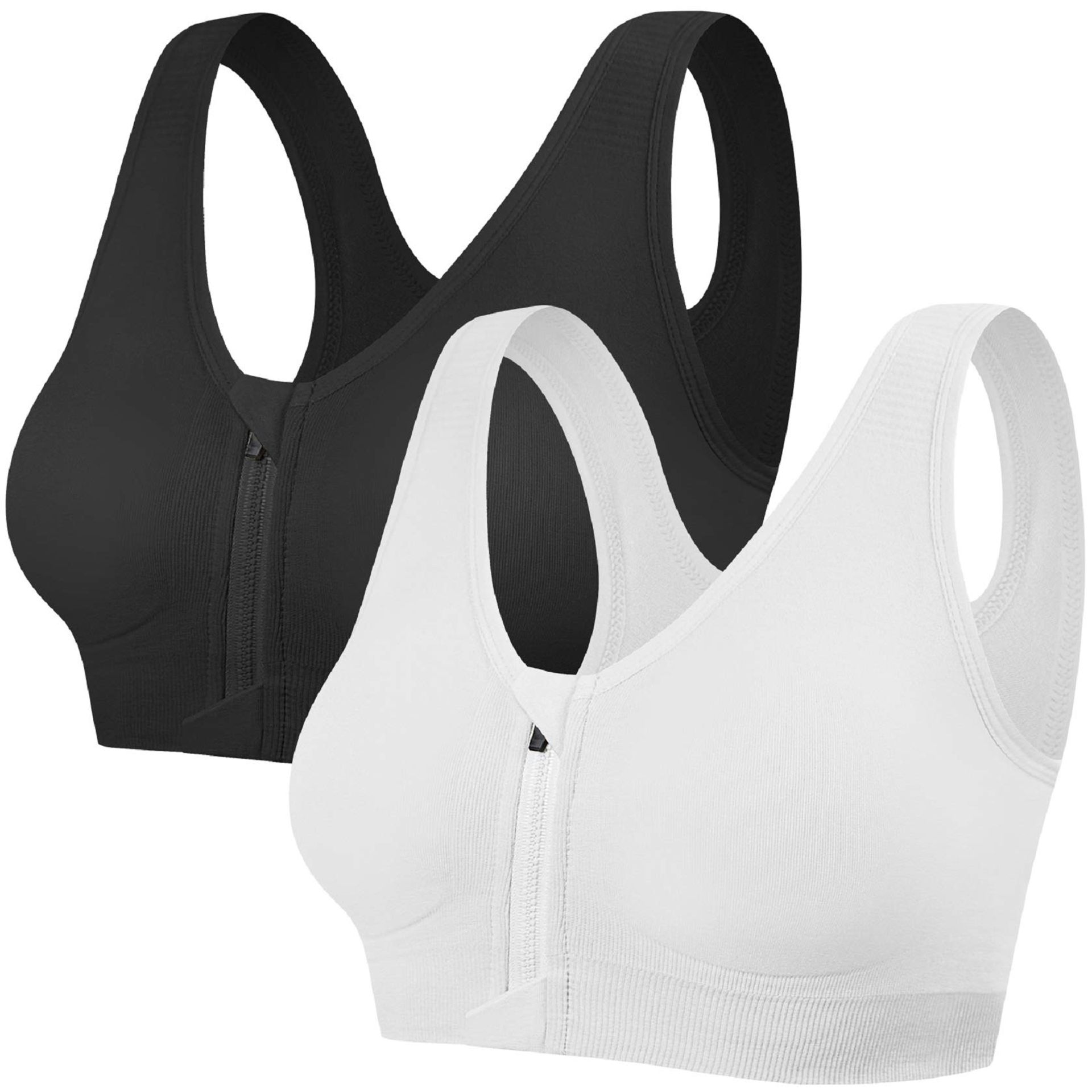 Women's Black+White Zipper Front Sports Bra with Removable Pads, L - Ideal for Yoga & Running