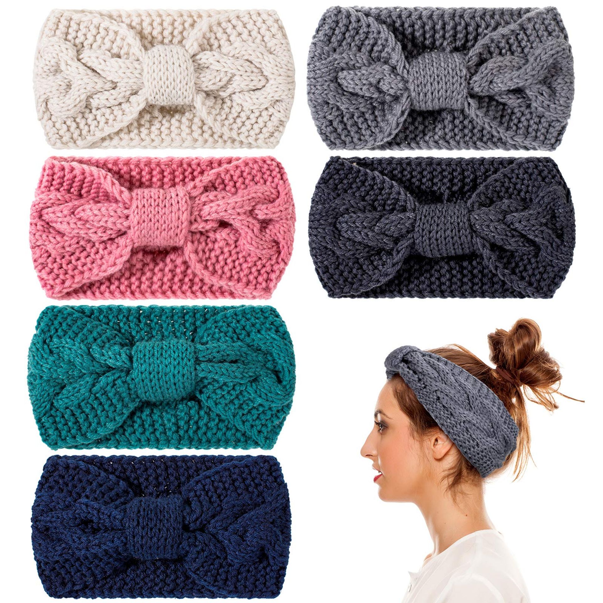 6 Pack Knitted Headbands Winter Ear Warmers Twisted Turban Style with Bow Knot Elastic - Blue Pink Colours