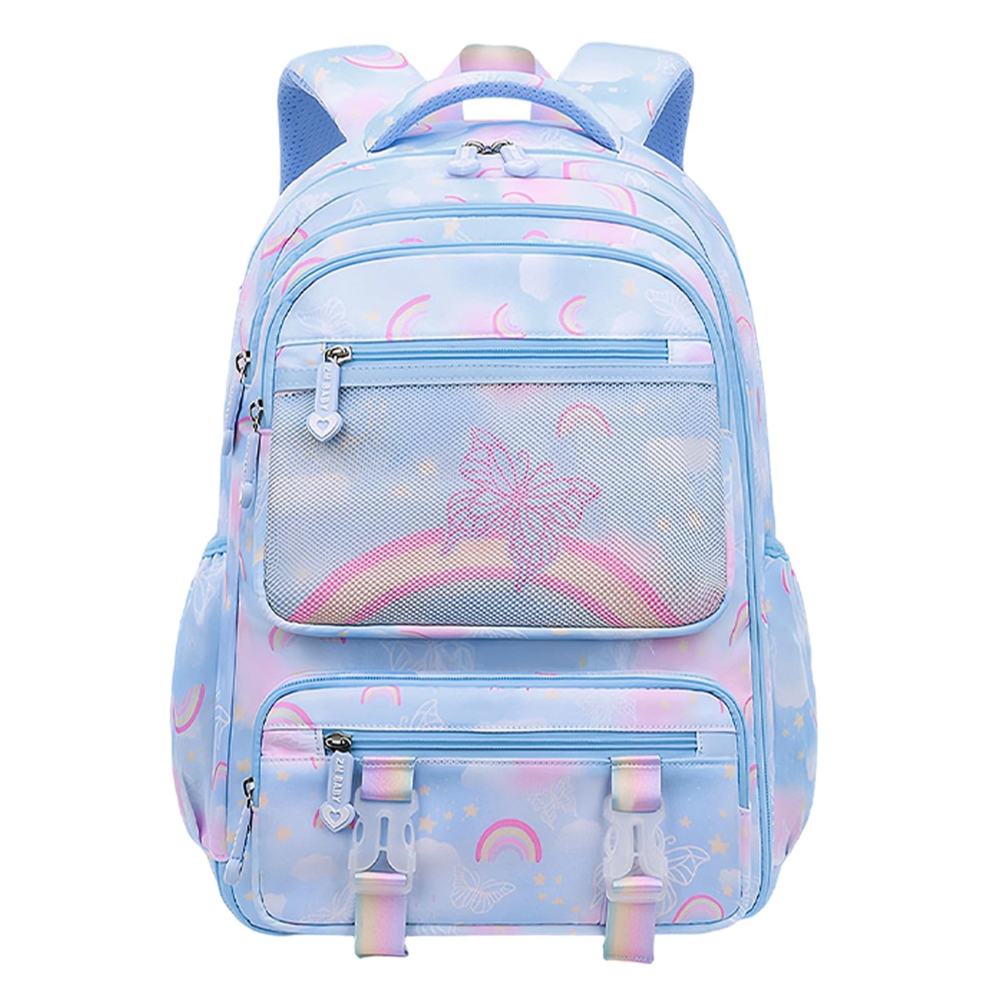 Girls' School Backpack Large Capacity Multi Pocket Rainbow Pattern Ergonomic Design - Blue L