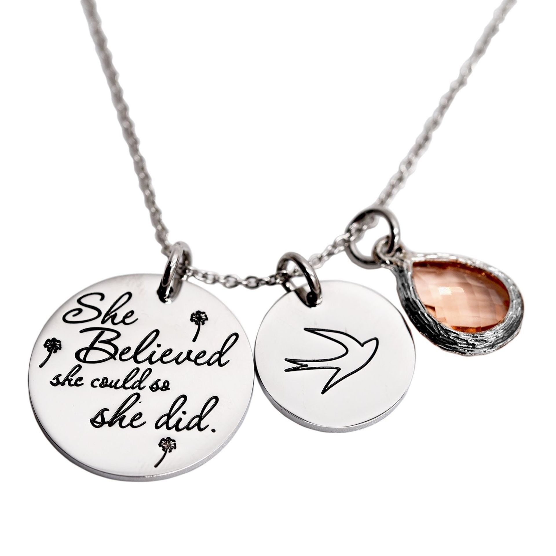 She Believed She Could So She Did Pendant Necklace with Birthstone Charm – Inspirational Jewellery Gift for Women & Girls