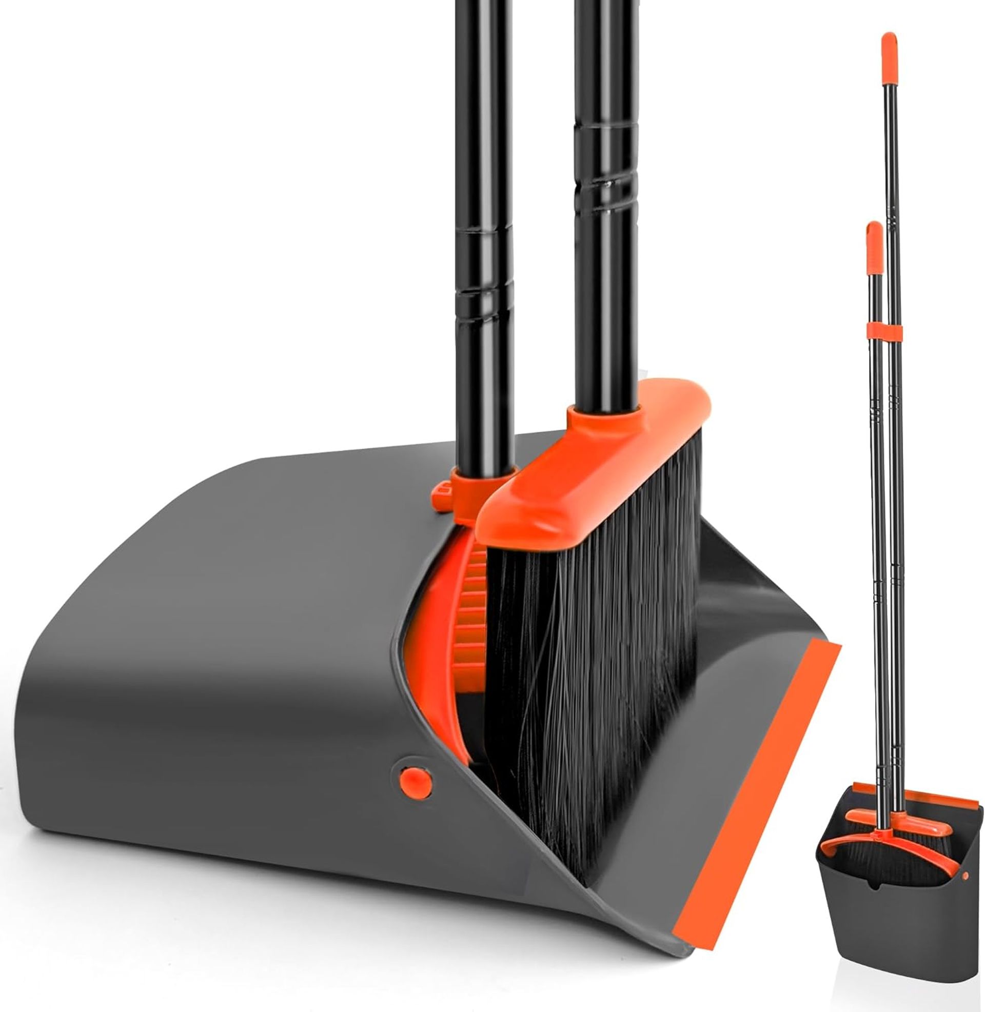 Broom and Dustpan Set Long Handled Brush 137cm Upright Standing with Comb Teeth for Home Kitchen Office Garden Cleaning - Black Orange