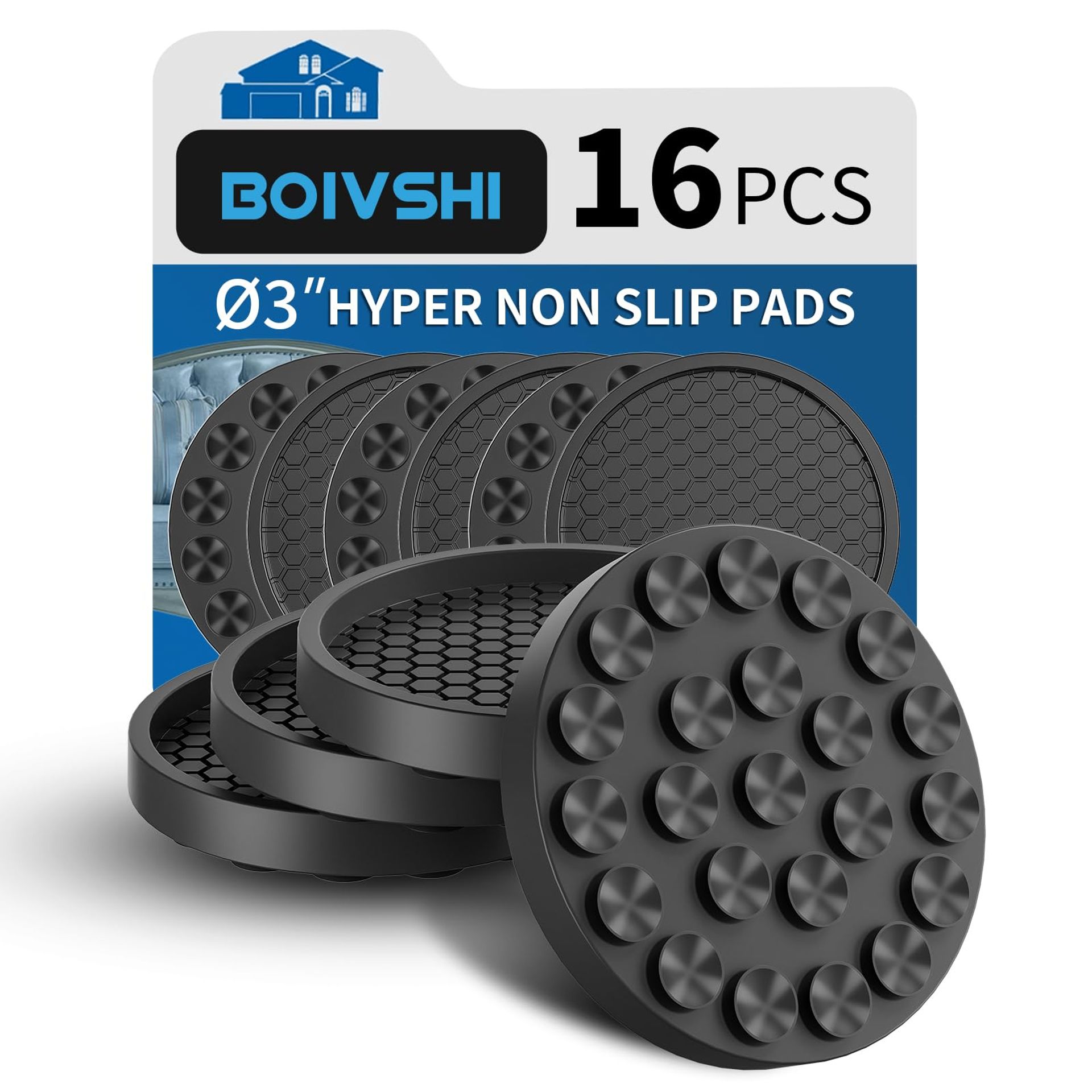 Ø76mm Non-Slip Furniture Coasters - Bed & Sofa Wheel Stoppers, Floor Protectors for Wooden Floors, 16 Pcs Black