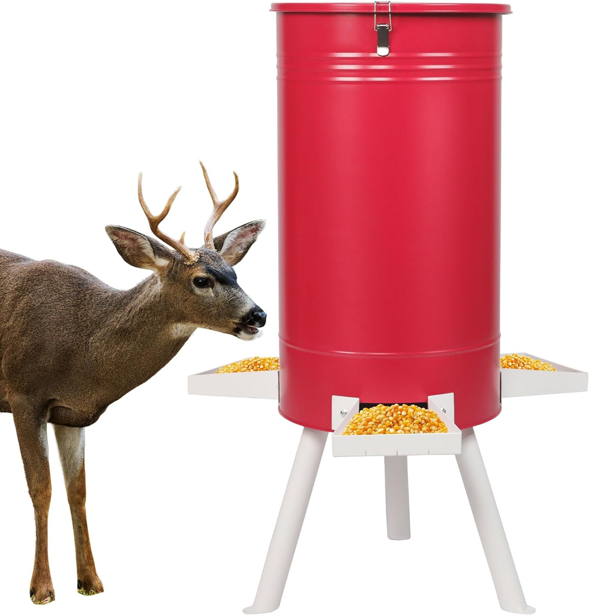 128LB Heavy Duty Free Standing Deer Feeder, Portable Game Dispenser, Weather-Resistant Metal Barrel for Outdoor Hunting