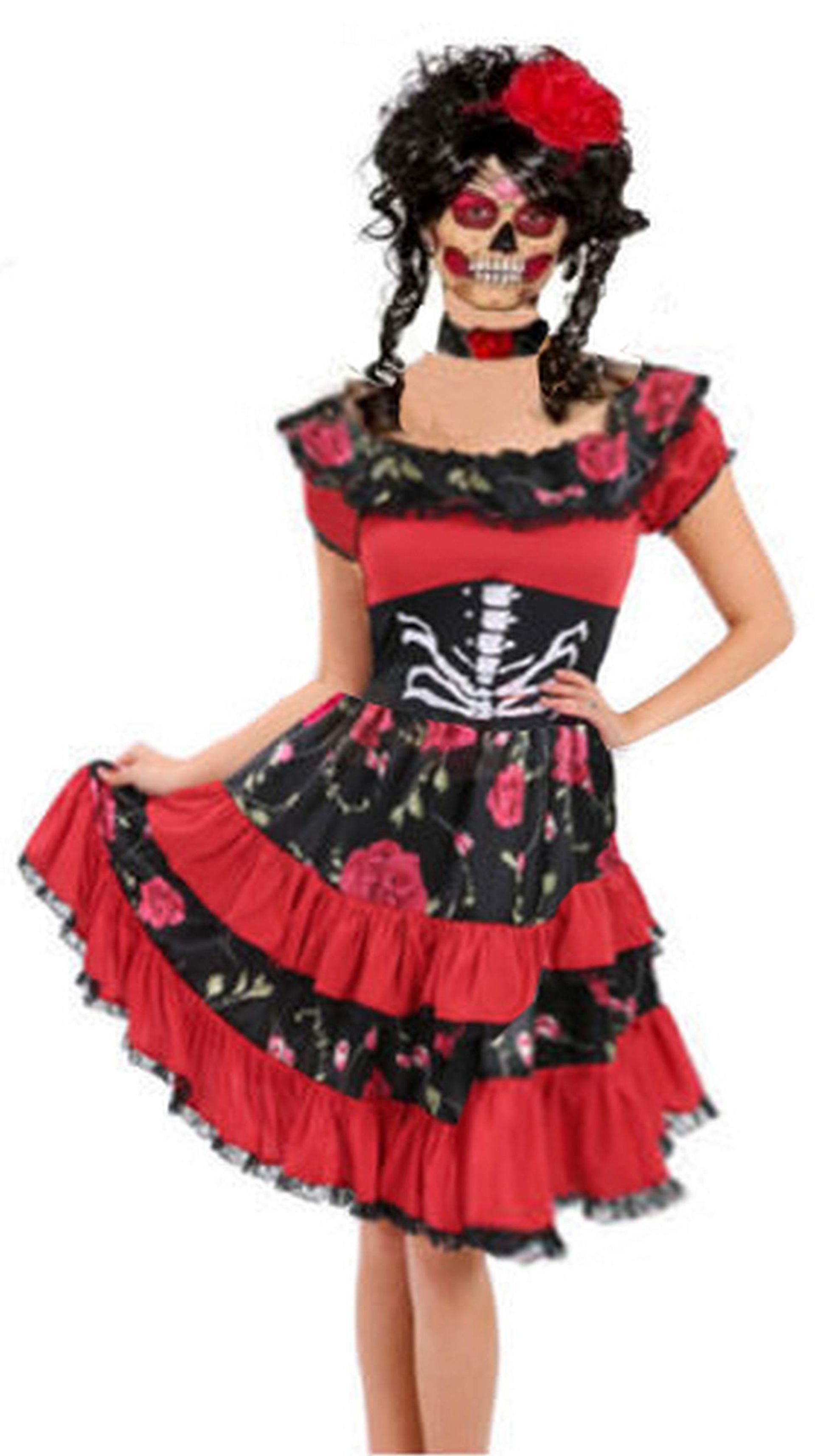 Ladies Day of the Dead Fancy Dress Costume with Skeleton Print, Lace & Floral Accessories - UK 8 Halloween Outfit