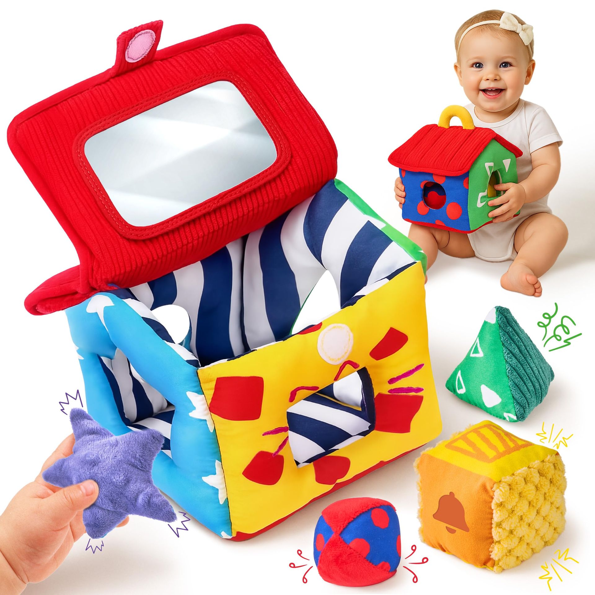 Baby Soft Shape Sorter Toy with Rattle, Mirror & Squeaker Montessori Learning - Multicolour LT-BSC-003