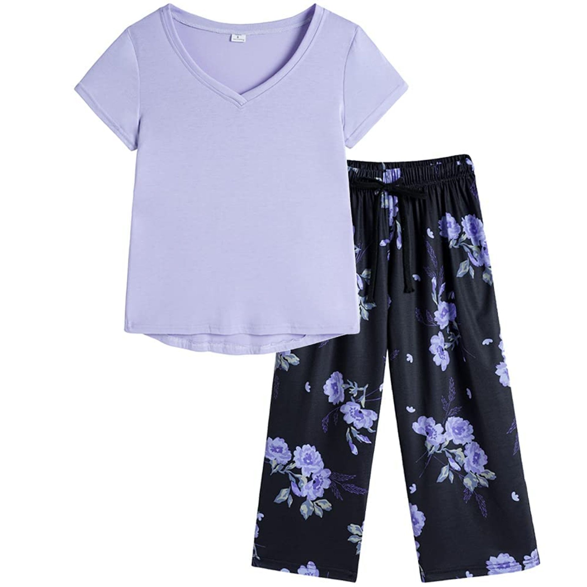 Women's Floral Print Pyjamas Set with Short Sleeves, Soft Polyester Loungewear, Lightweight Summer Sleepwear - Purple Floral 3XL