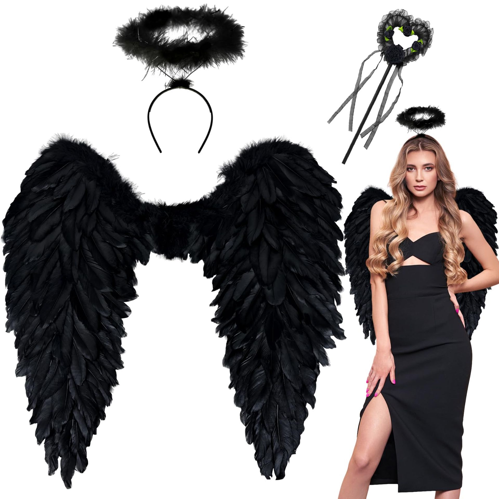 Angel Wings and Halo Costume Set for Adults & Girls, Feather Fancy Dress Accessory, Lightweight & Comfortable - Black 45x45cm - Valentines