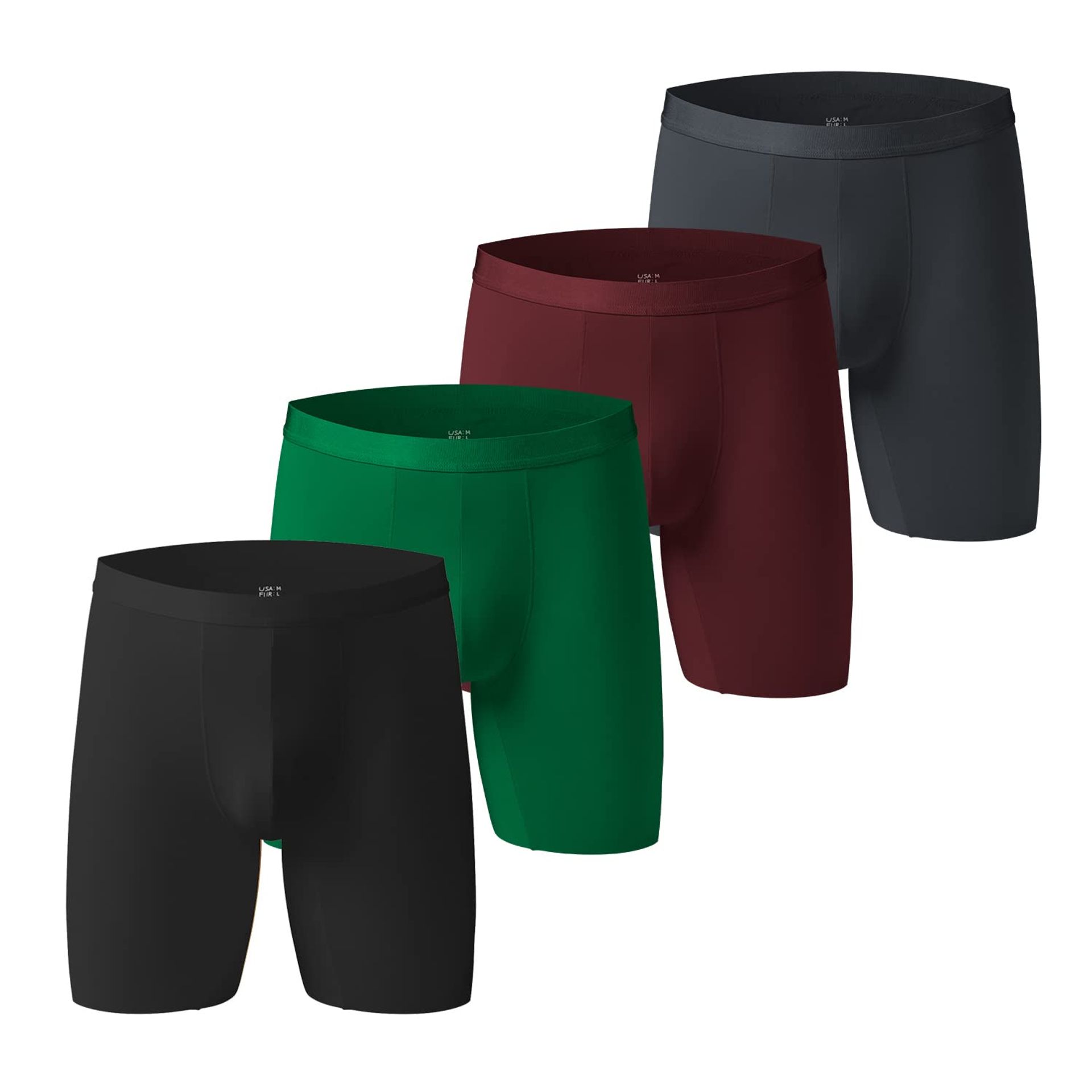 Men's Ice Silk Long Leg Boxer Shorts Breathable Stretch Anti-Chafing Underwear 4 Pack - Black/Green/Grey/Wine Red L