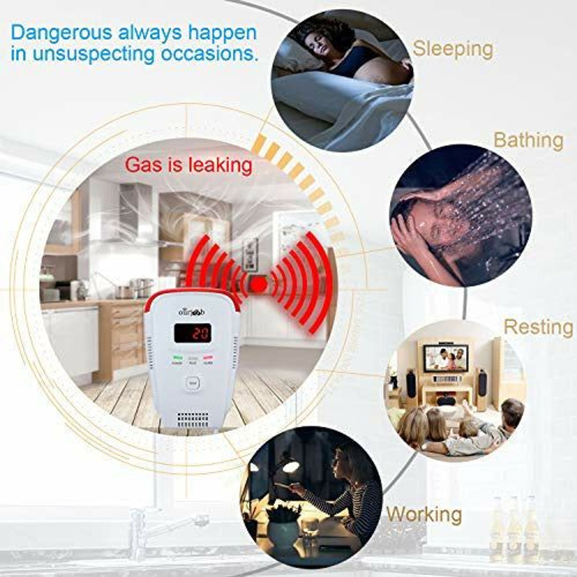 Gas Detectors Alarm-Ourjob, Household LPG/Natural/Coal Gas Combustible Gas Leak Monitor, Propane Butane Methane Gas Sensor, USB Powered, Digital Display, Sound Light Warning (Champagne - View #6