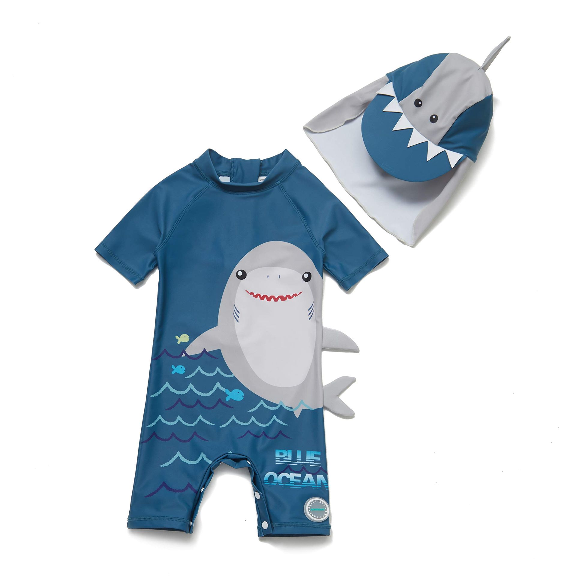Baby Boys One-Piece Swimsuit with Sun Cap, UPF 50+ UV Protection, OEKO-TEX Certified Fabric - Ocean 18-24M