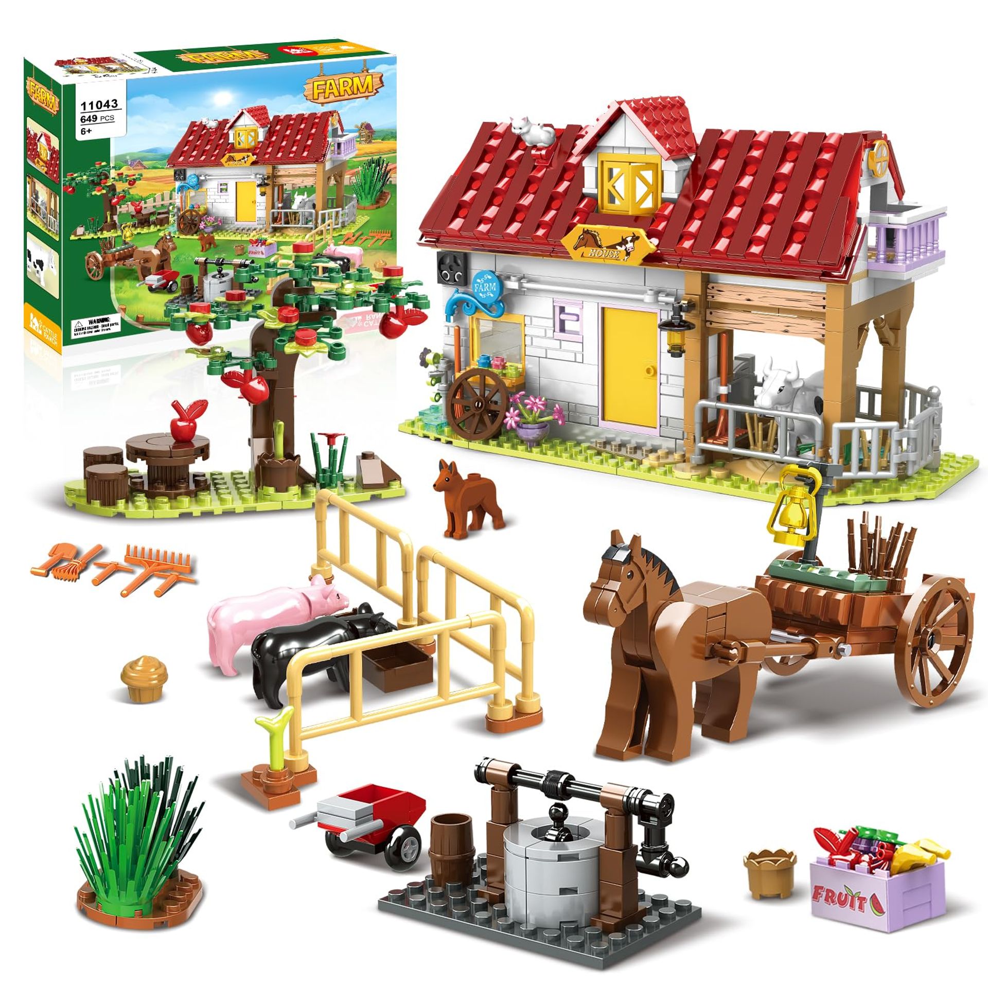 Farm House Building Set 649 PCS with Animals, Carriage and Farm Tools for Kids 6-12 - Mixed Various