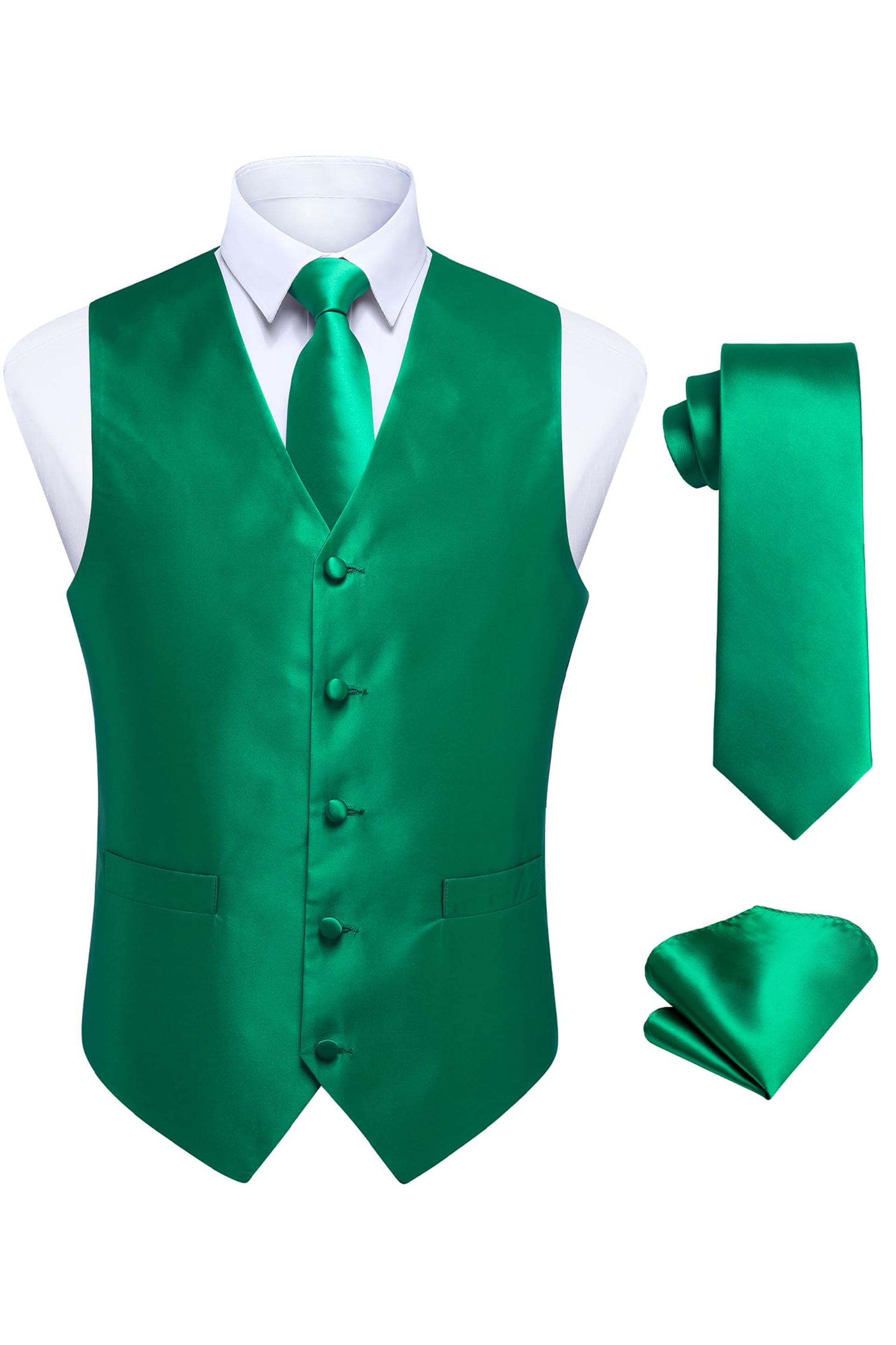 Men's Waistcoat, Necktie & Pocket Square Set Formal Wedding Party V-Neck Vest - Green 2XL