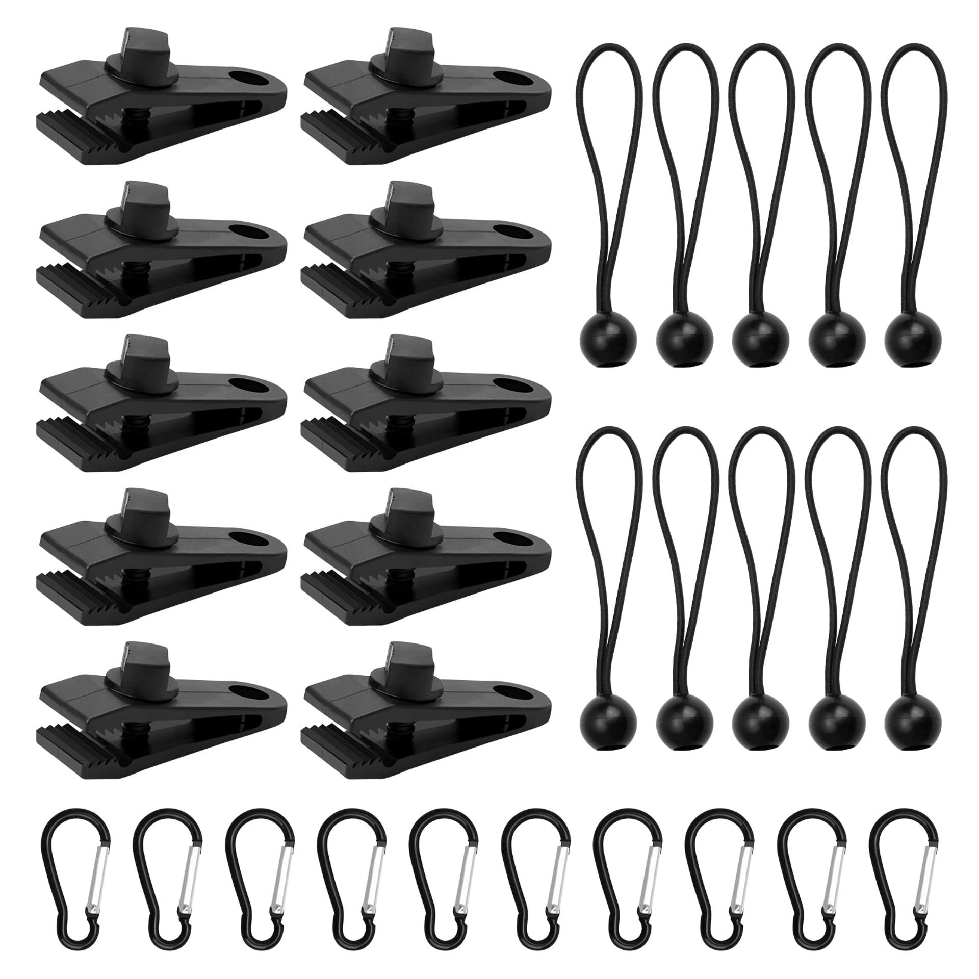 30 Piece Heavy Duty Tarp Clips with Carabiner & Ball Bungee Cords for Tarpaulin, Awnings, Camping & Outdoor Use - Black Set