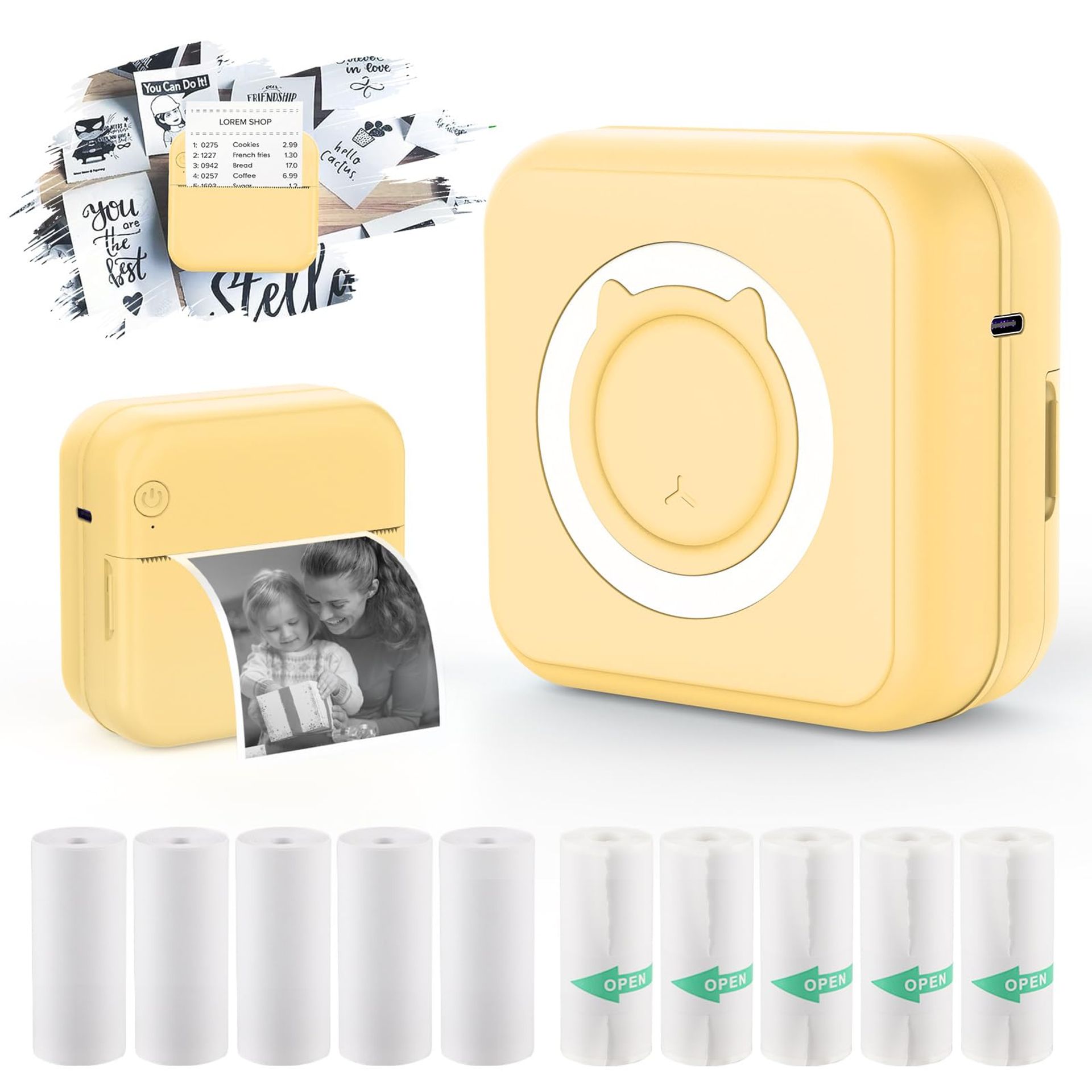 Mini Pocket Thermal Photo Printer Bluetooth Inkless Portable Label Maker with 10 Rolls Printing Paper for Android or iOS - Yellow Mini