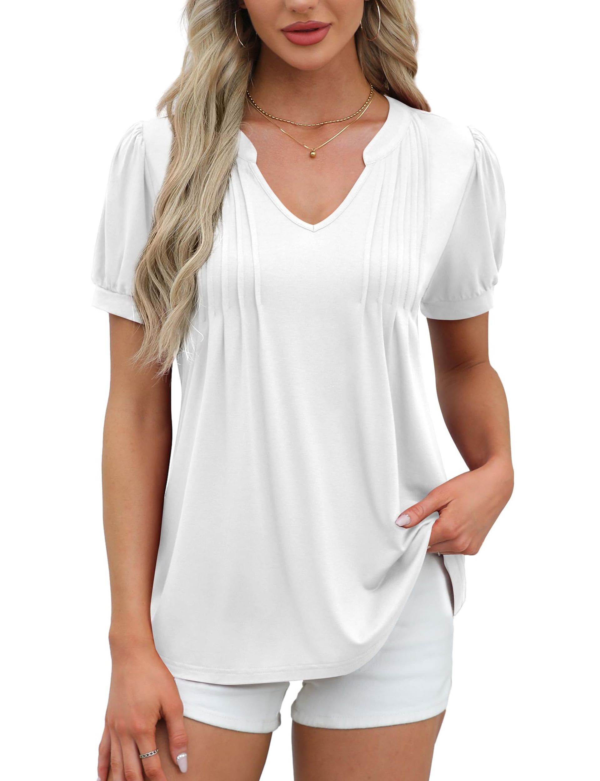 Ladies Short Sleeve V Neck Tunic Top With Puff Sleeves – Casual Summer Wh