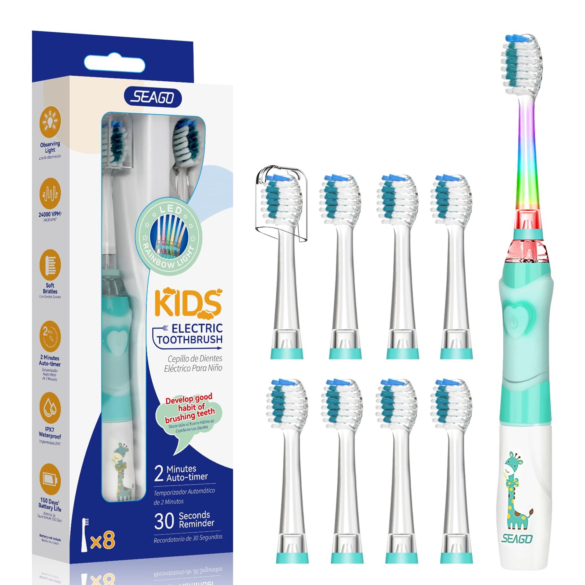 Kids Electric Toothbrush with Timer LED Rainbow Light 4 Brush Heads Sonic Toothbrush for Ages 3-12 - Green 1 Count