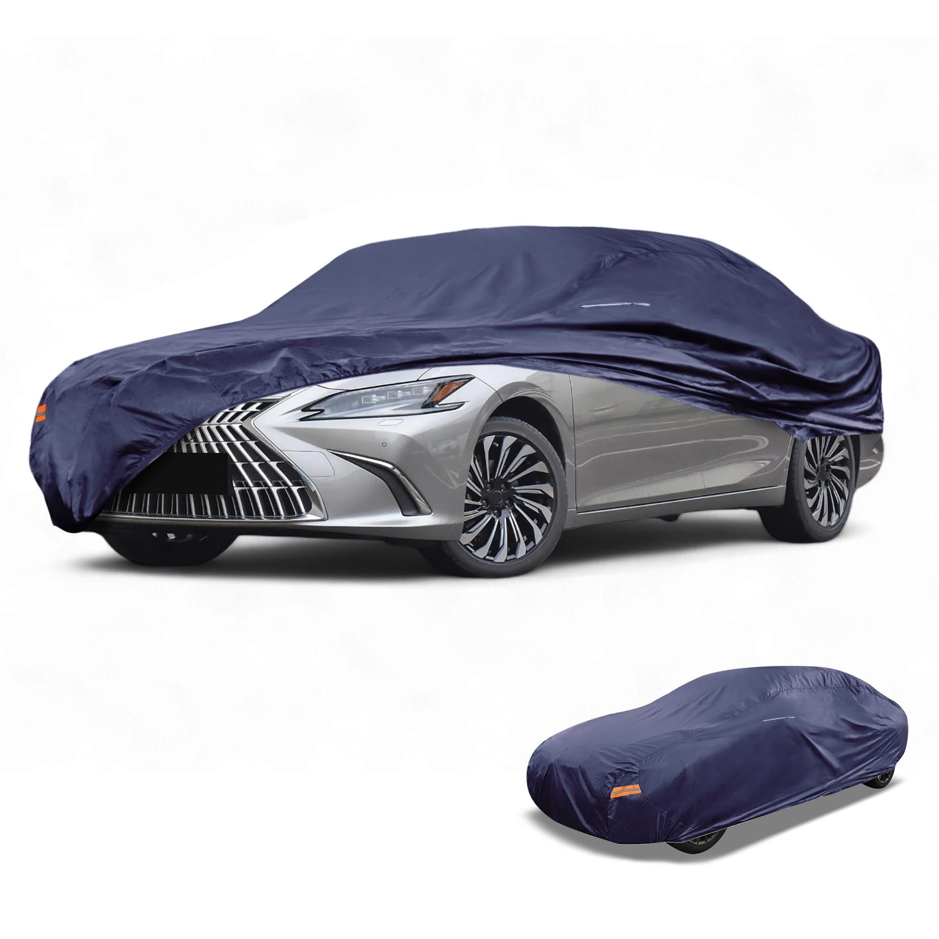 Waterproof All-Weather Universal Car Cover with Side Zipper, Mirror Pocket & Breathable Design - Navy Blue for Sedan 165"-177"
