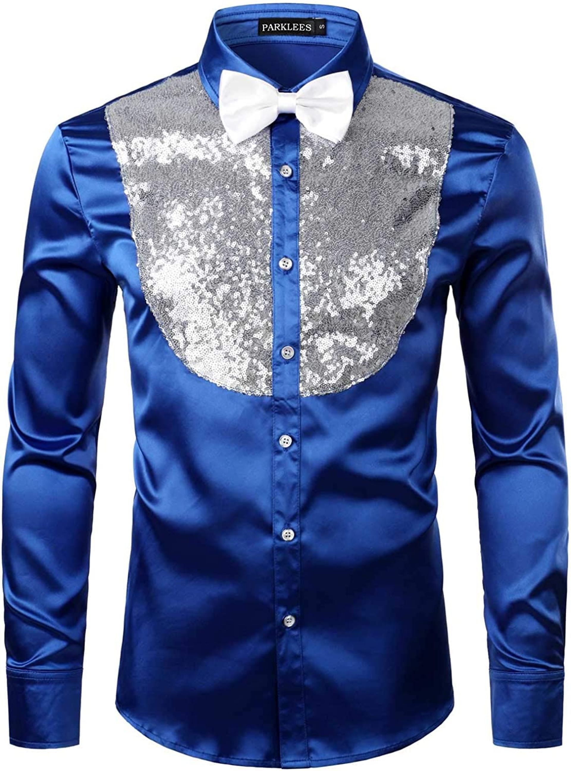 Men's Shiny Sequin Satin Button-Up Disco Party Dress Shirt Long Sleeve - Royal S