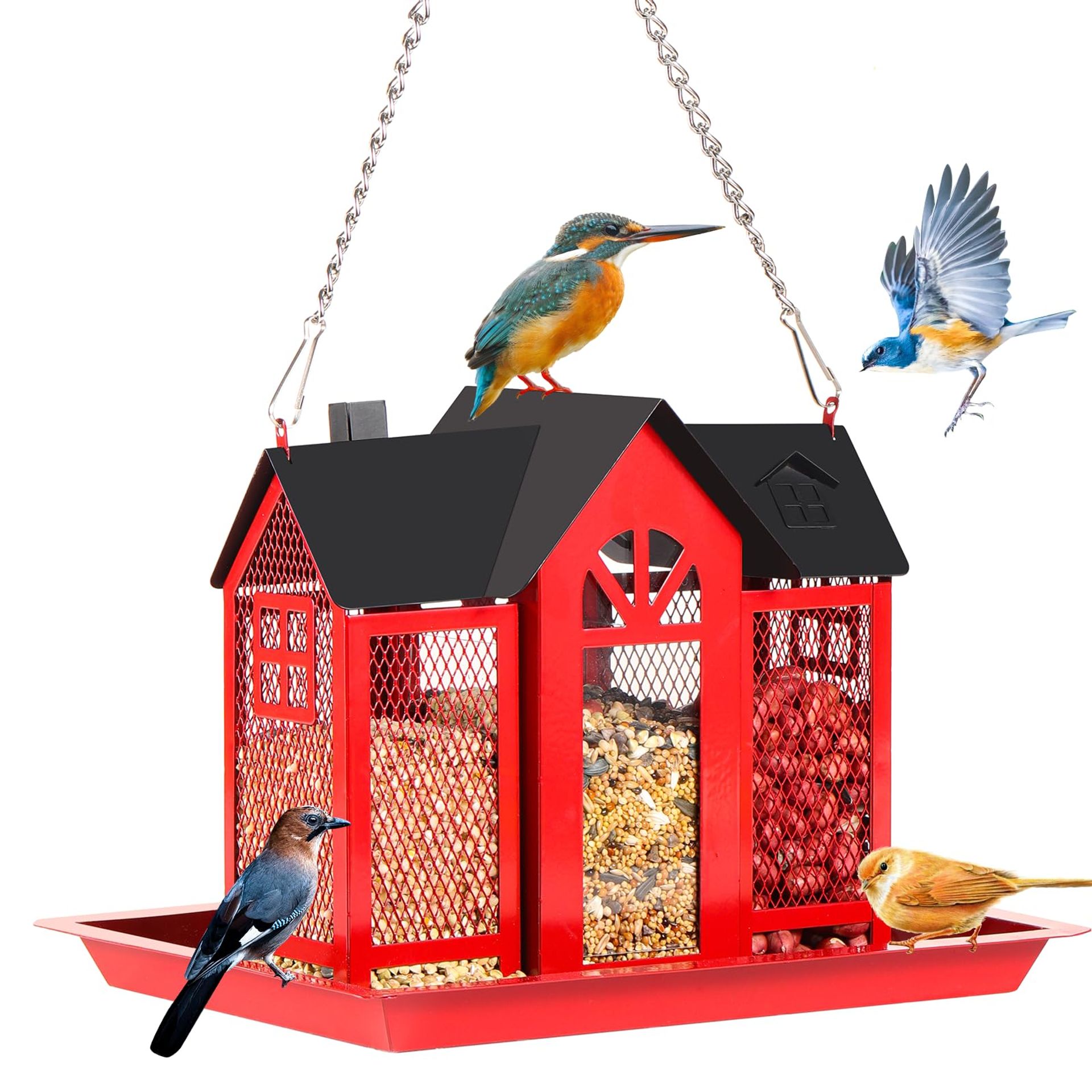Bird Feeder Large Capacity Squirrel Proof Hanging Metal Birdhouse with Roof and Perch for Garden, Patio and Lawn - Red