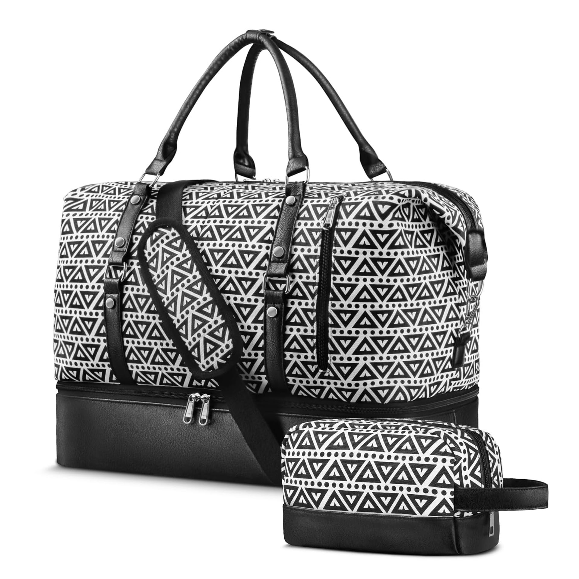 Women's Large Weekender Travel Duffle Bag with Wet & Shoe Compartments Hand Luggage - Black Diamond Pattern