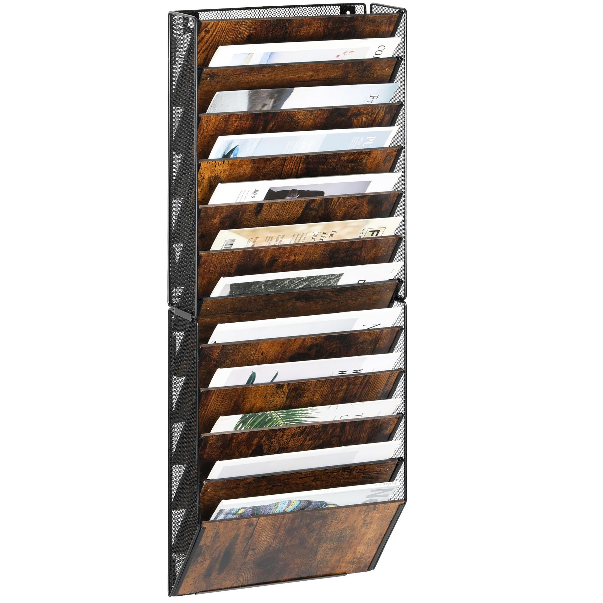12 Pockets Wall File Organiser Wooden Magazine Holder A4 Document Storage Rack for Office, Home or School - Black/Antique 12 Tier - Student Essentials
