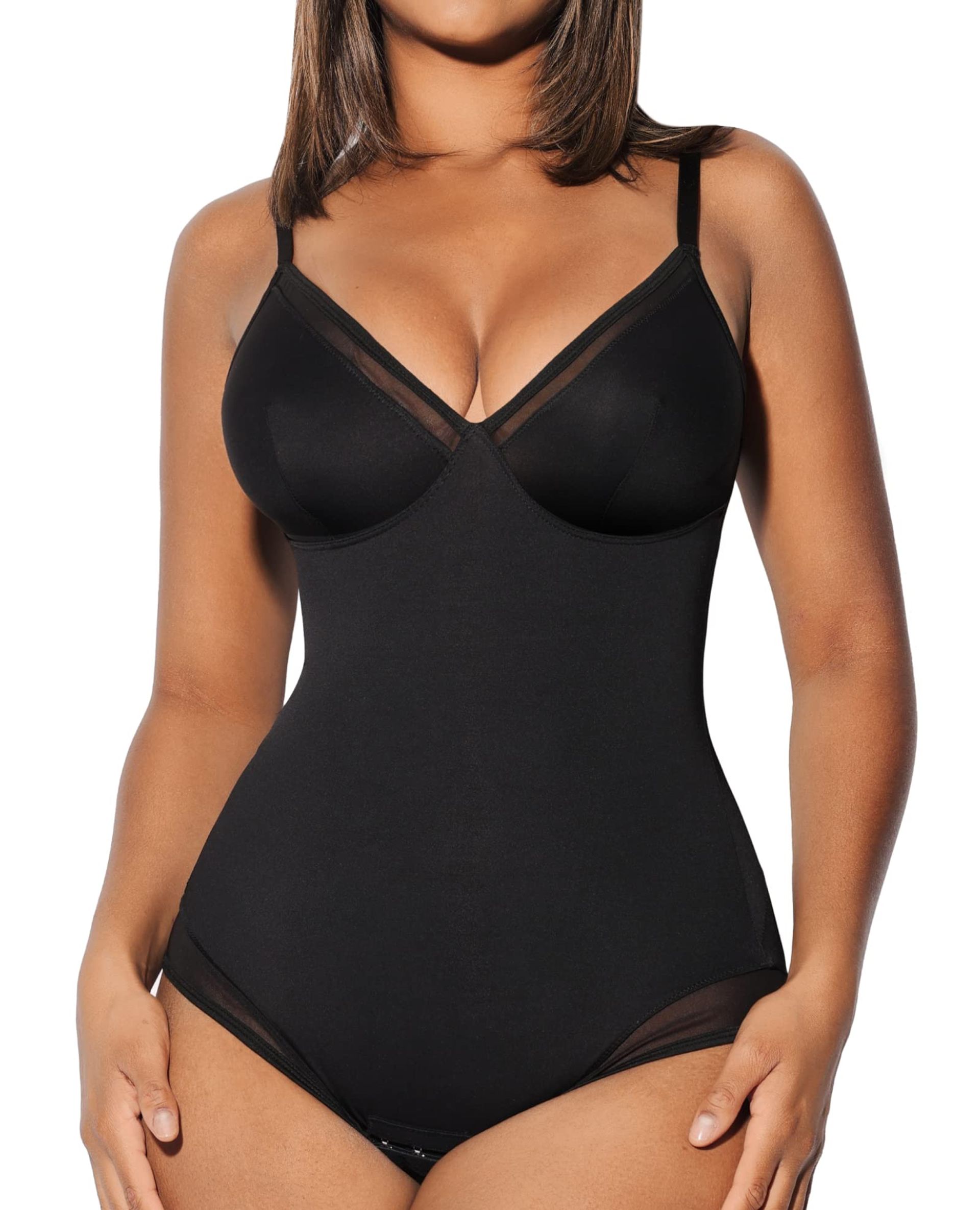 Women's Shapewear Bodysuit Tummy Control V Neck Mesh Tank Jumpsuit - Black M