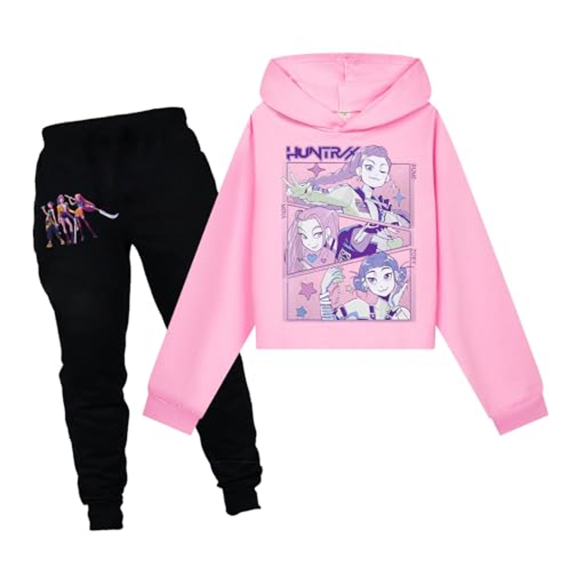 Girls 2 Piece Cartoon Anime Outfit Set with Long Sleeve T-Shirt and Trousers - Pink 11 Years