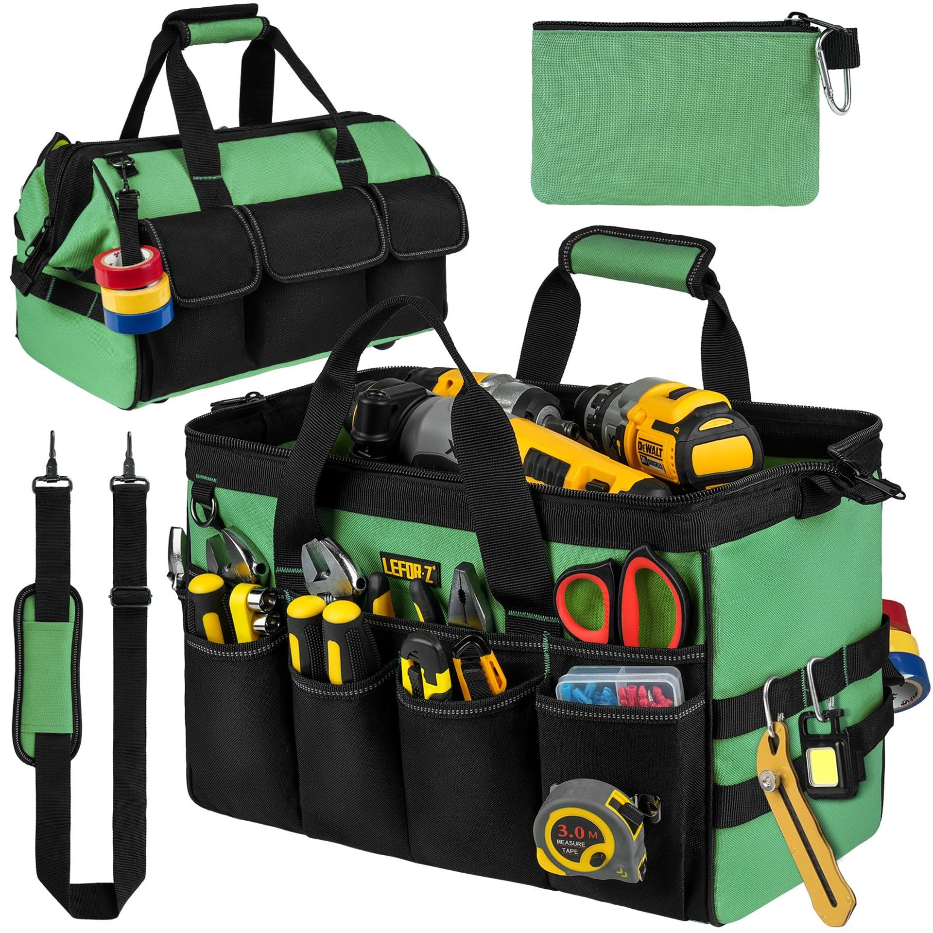 16-Inch Heavy Duty Tool Bag with 27 Pockets, Wide Mouth Storage Tote for Mechanics, Electricians & DIY - Black/Green