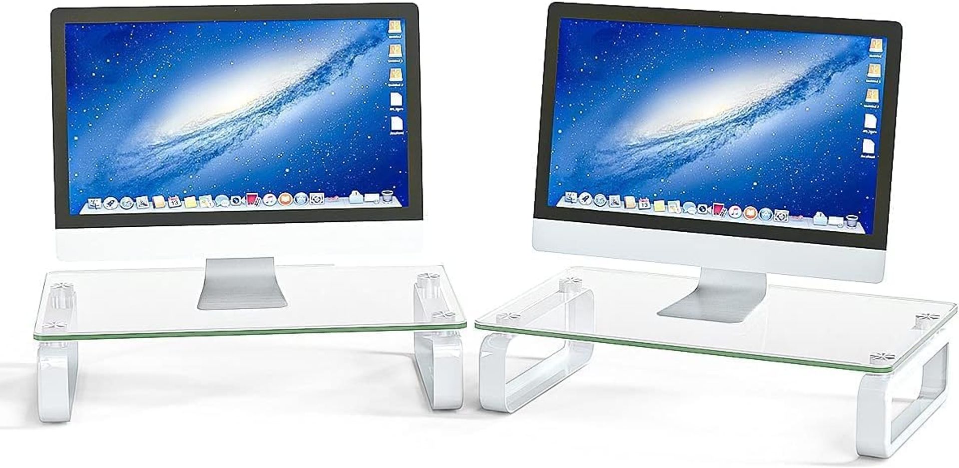 2 Pack Glass Monitor Stand Riser for PC, Laptop & TV – Space-Saving Desktop Support with Tempered Glass & Metal Legs