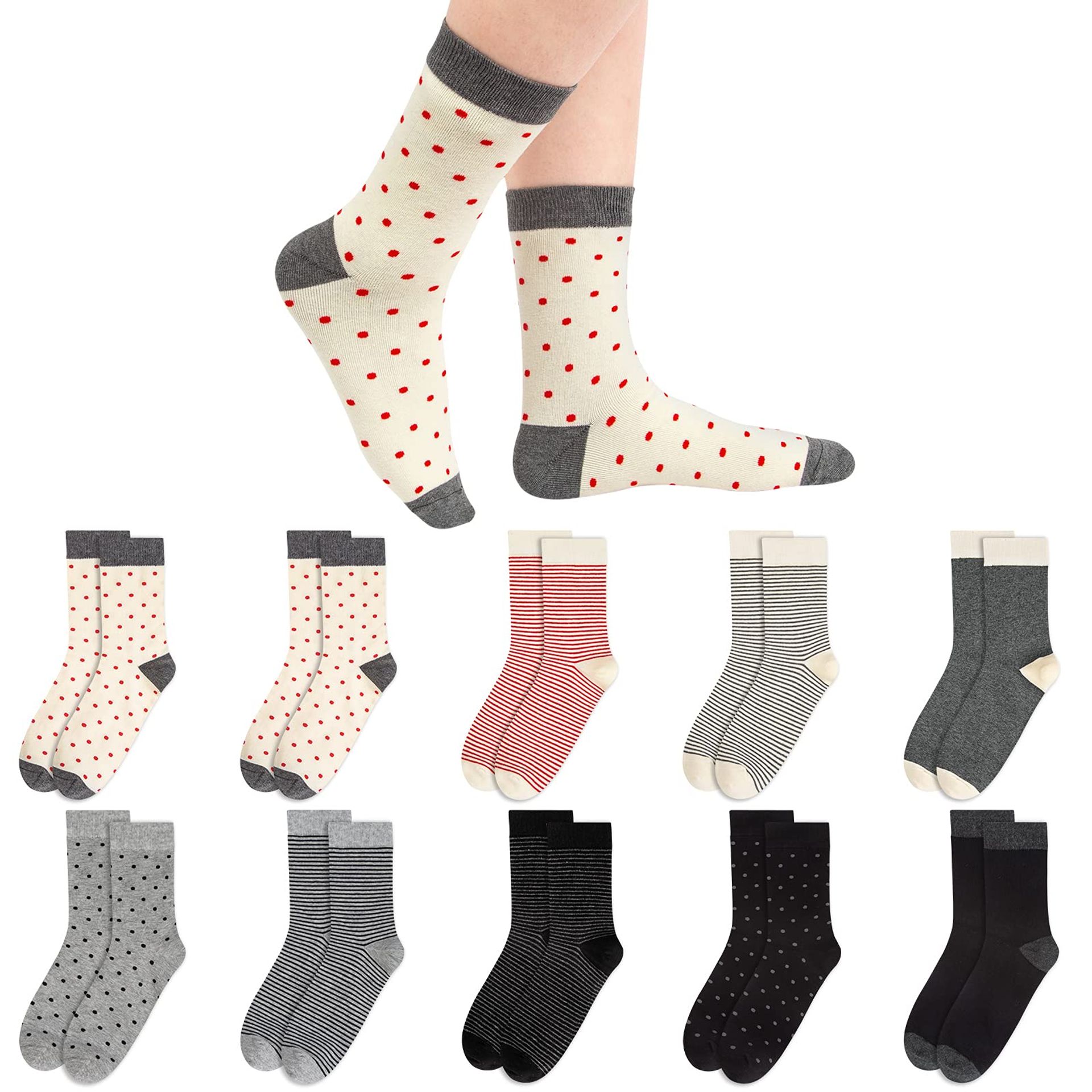 10 Pairs Womens Socks Cotton Soft Ladies Patterned Stripes and Spotts Socks for Womens Girls, Orange, One Size