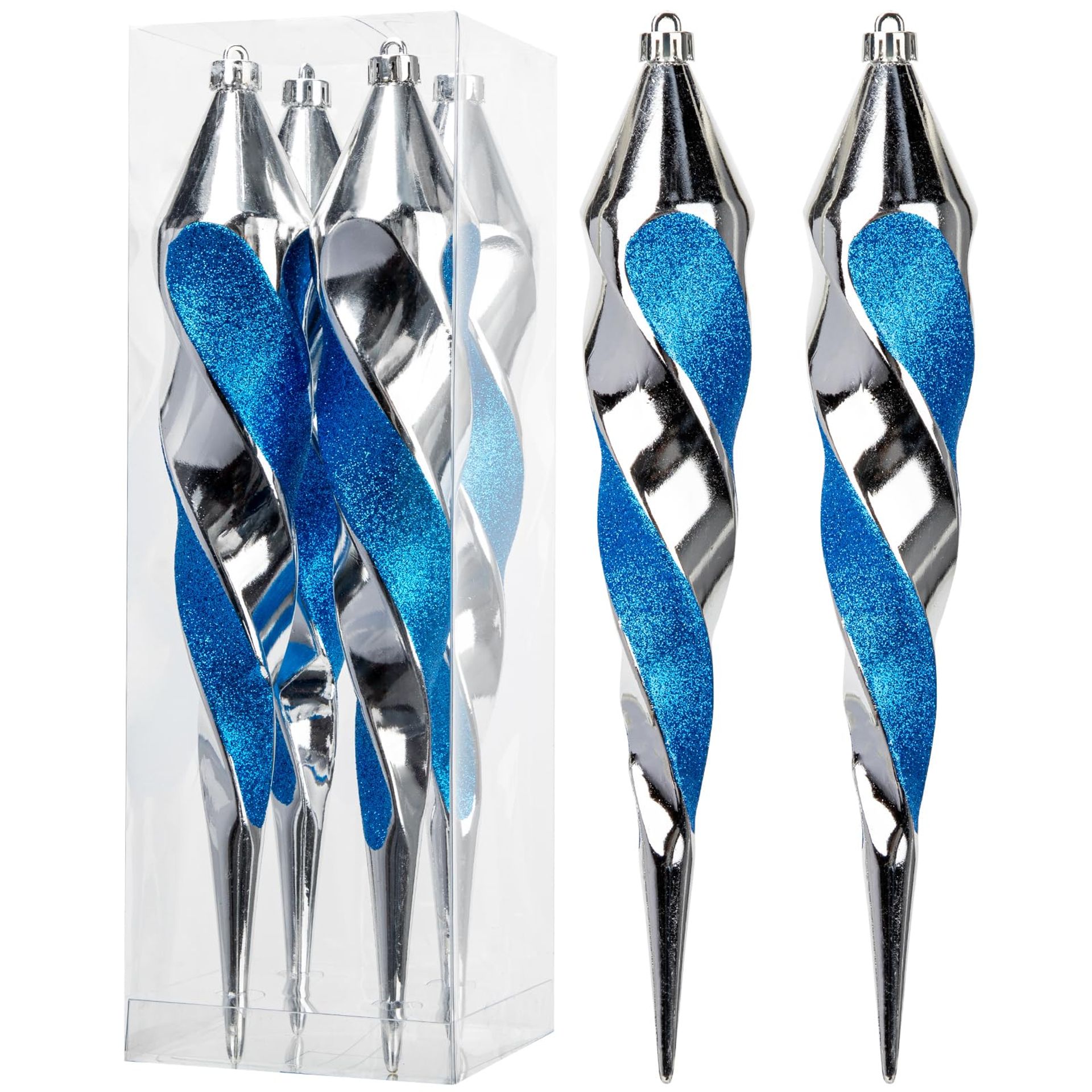 4PCS Swirl Icicle Christmas Baubles - 12'' Blue & Silver Glitter Ornaments for Tree, Garland & Home Decor