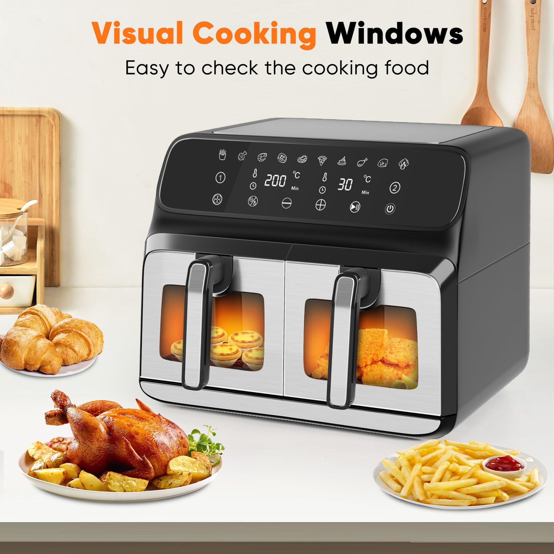Friteuse à Air CHEFREE 8L – Double Compartiment Visible, 8 Programmes, écran Tactile