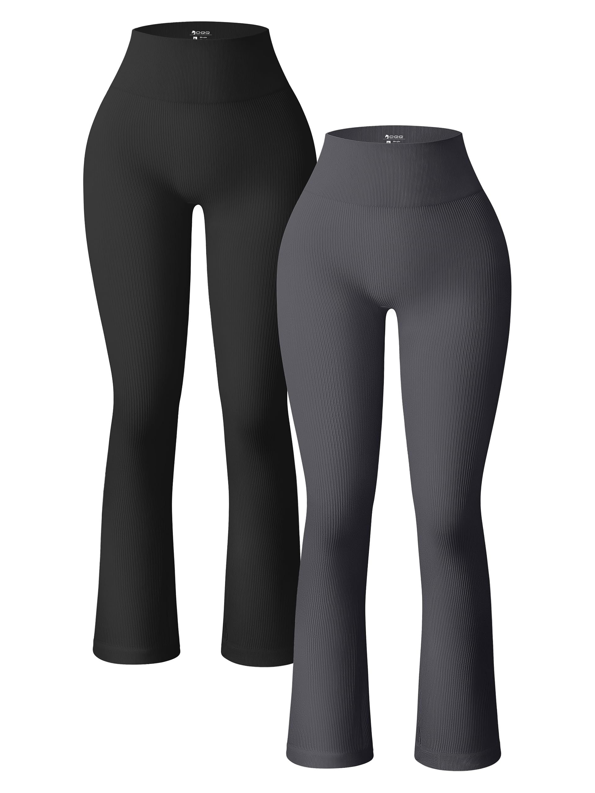 Women's Yoga Flare Leggings 2 Pack Ribbed Seamless High Waist Workout Pants - Black Darkgrey S