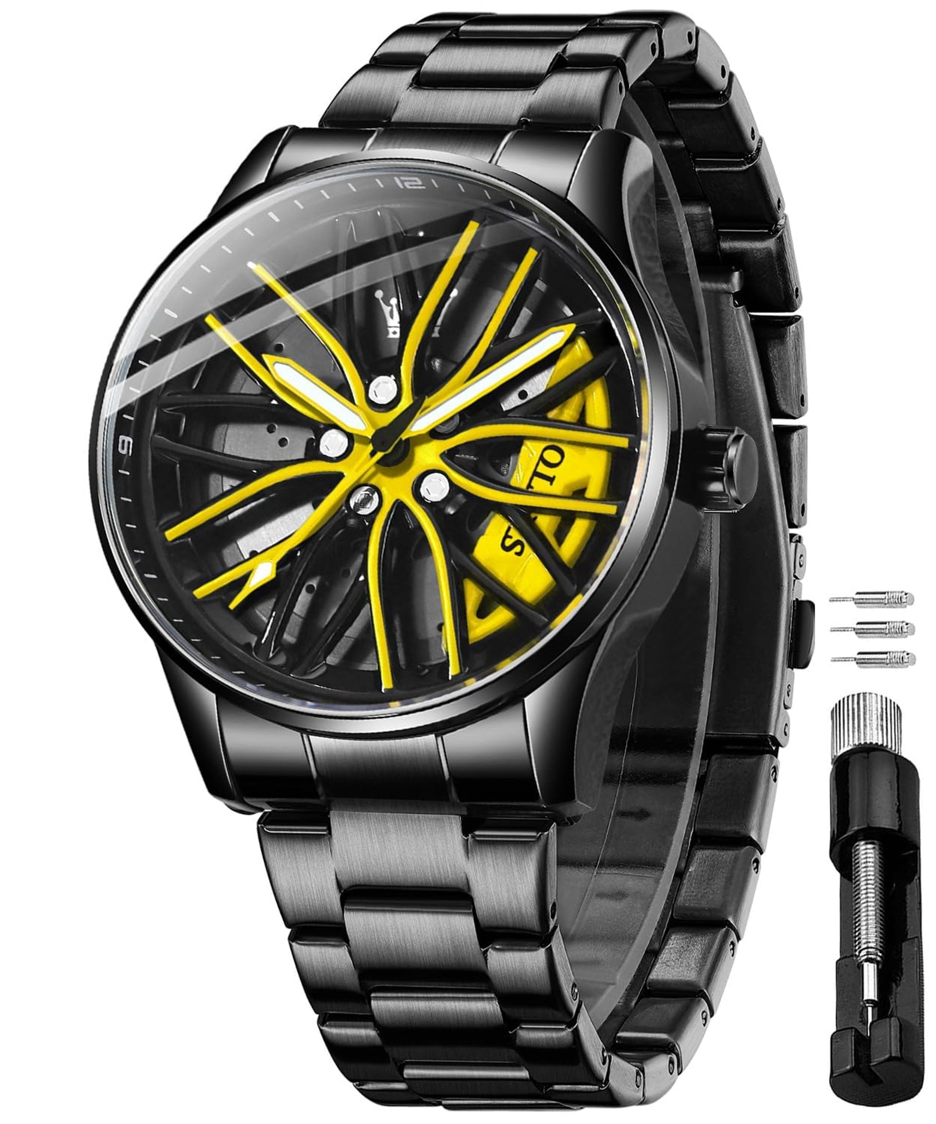 Men's Skeleton Quartz Watch with Racing Car Wheel Design - Waterproof & Luminous