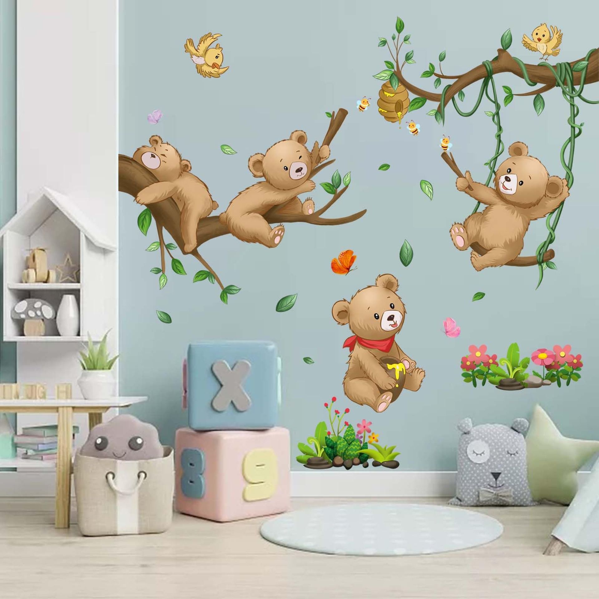 Woodland Bear Wall Stickers - Baby Animal Tree Branch Decals for Nursery & Playroom