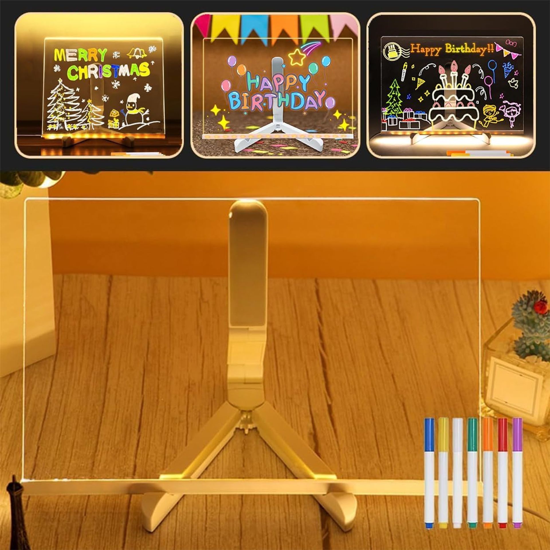 LED Acrylic Dry Erase Note Board with Adjustable Stand, 7 Pens & Multi-Colour Illumination - 30 x 20cm - Valentines