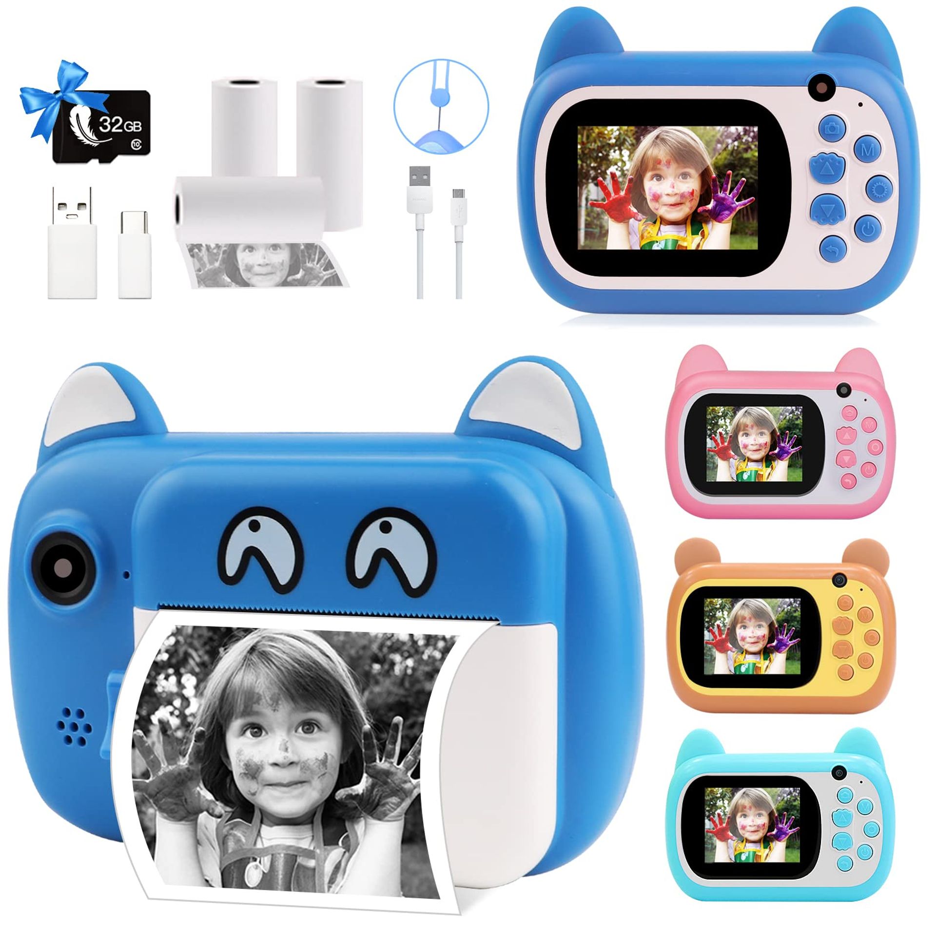 Instant Print Camera for Kids Digital Selfie 1080P HD Dual Lens Toy with 3 Rolls Printing Paper - Blue A7