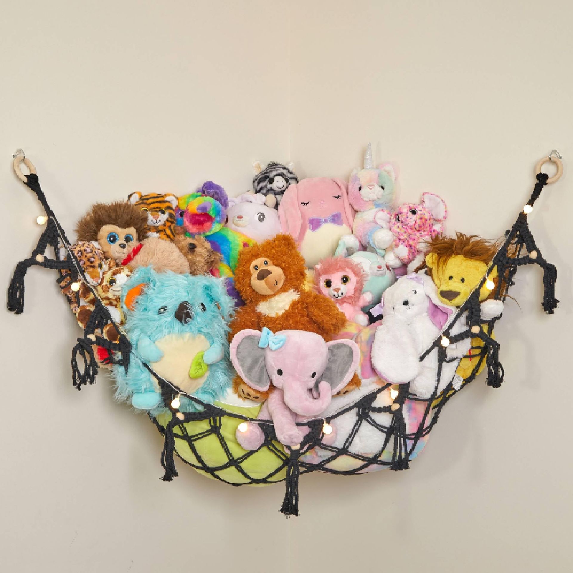 Macrame Toy Hammock with LED Lights Stuffed Animal Storage Boho Nursery Décor - Blue Large