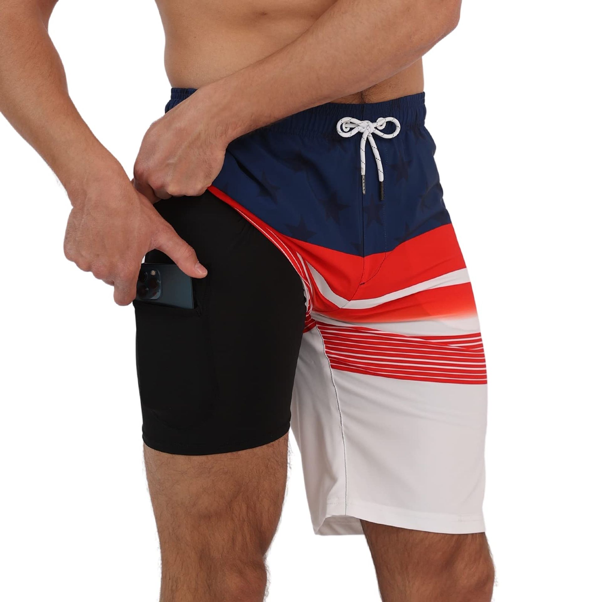 Men's 2-in-1 Swimming Shorts Quick Dry Long Surf Trunks with Compression Liner and Zipper Pockets - Blue+Red+White XL