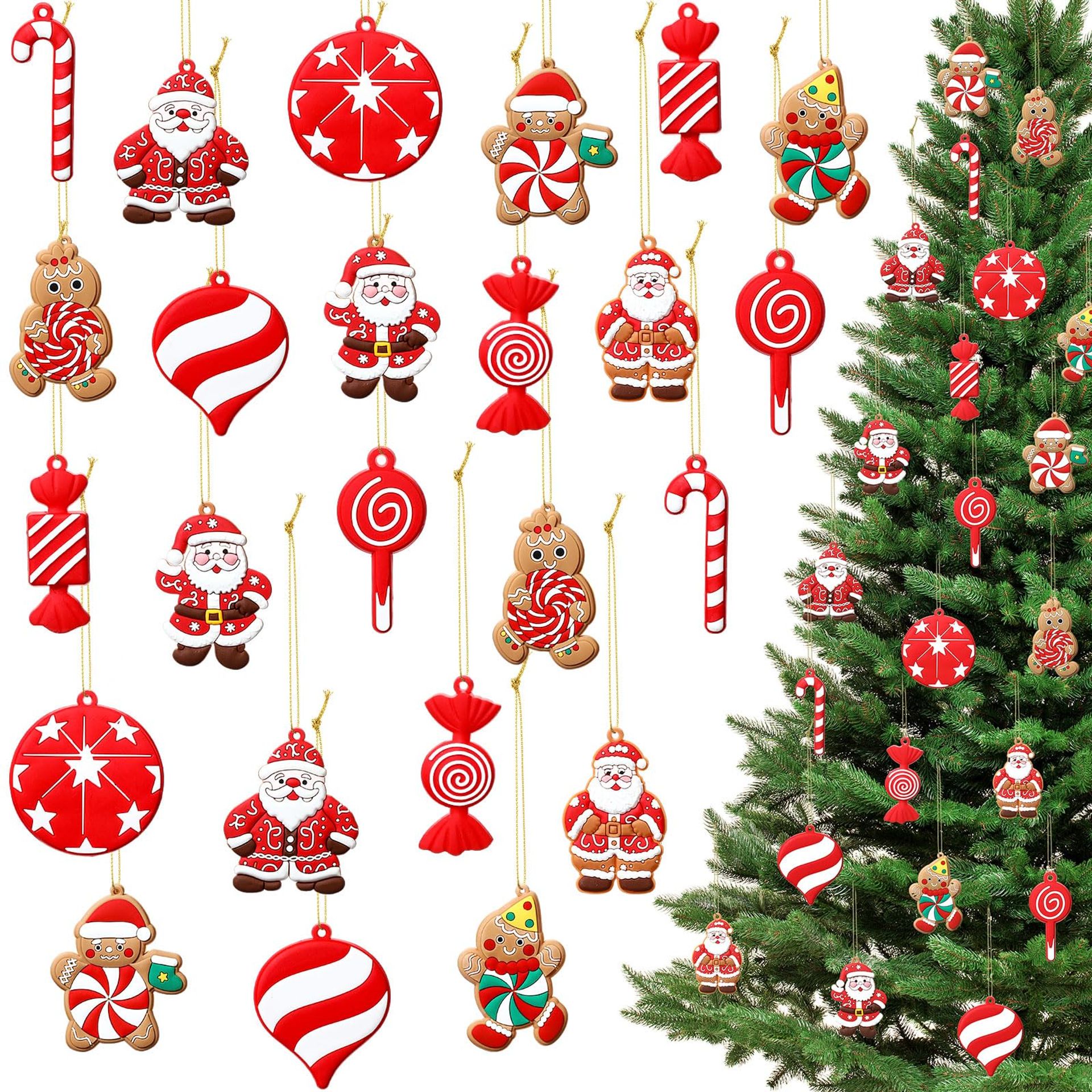 Zomiboo 24pcs Gingerbread Man Christmas Tree Ornaments - Festive Décor Set with Golden Strings