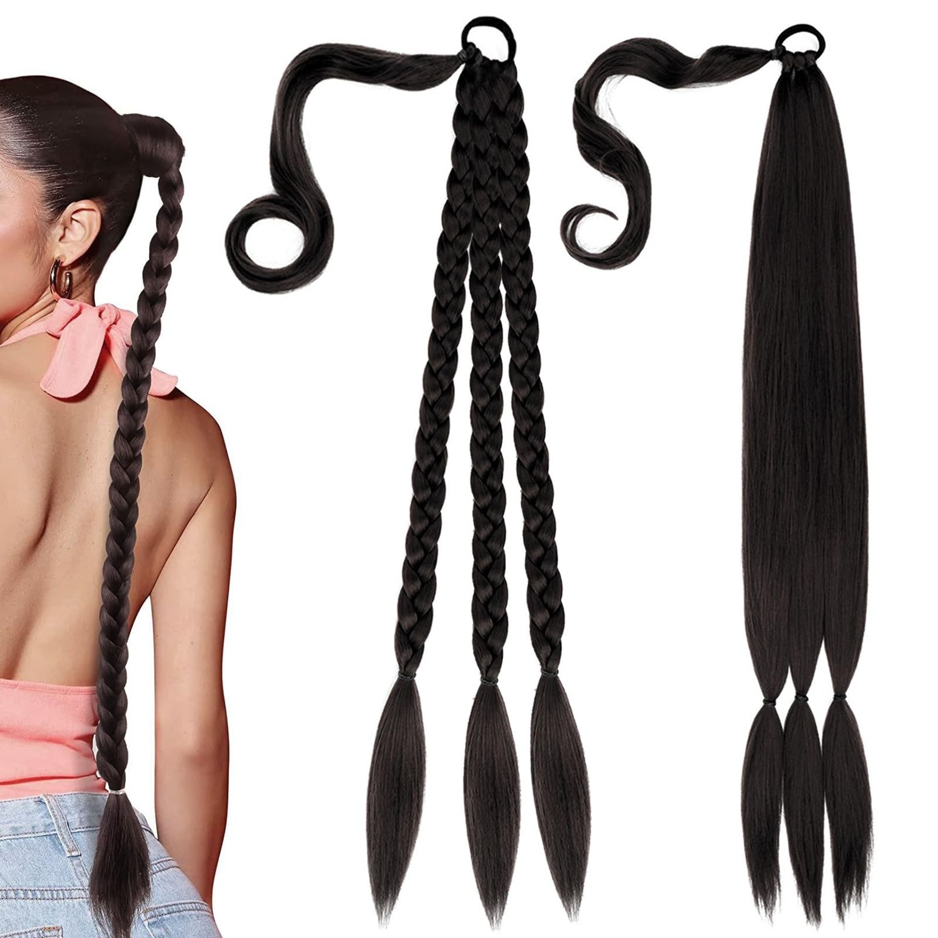 AMJKEJI Plait Hair Extension, Ponytail Hairpiece Synthetic Hair for Braiding Ponytail Hairpiece Braided Braid Hairpiece Dark Brown Long Ponytail Braids Braid Ponytail Hair Extension