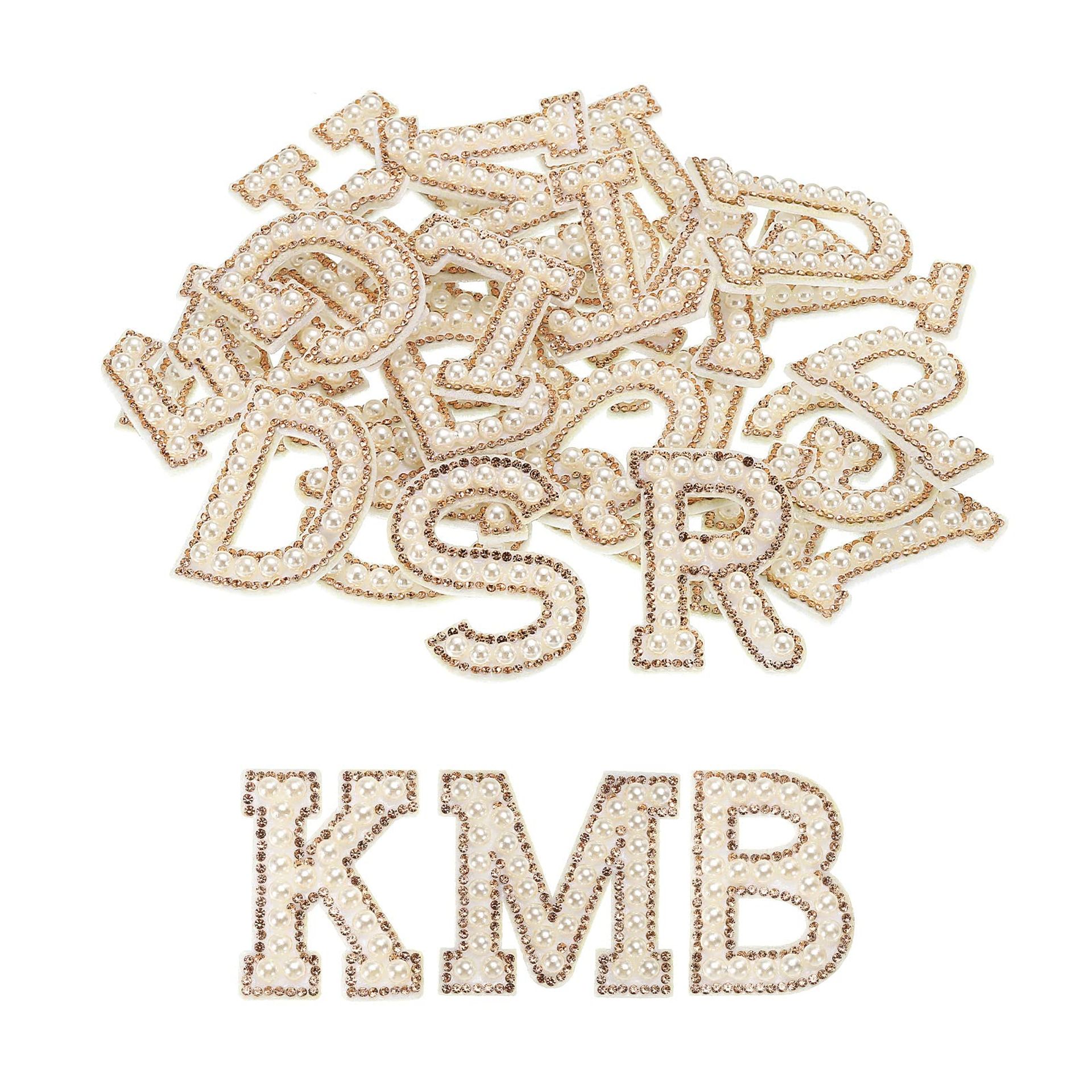sourcing map Iron on Letter Pearl Letter Patches Rhinestone Gold A-Z Glitter Pearls Rhinestone Alphabet Patches for DIY Clothes Repair Hats Bags Pack of 26